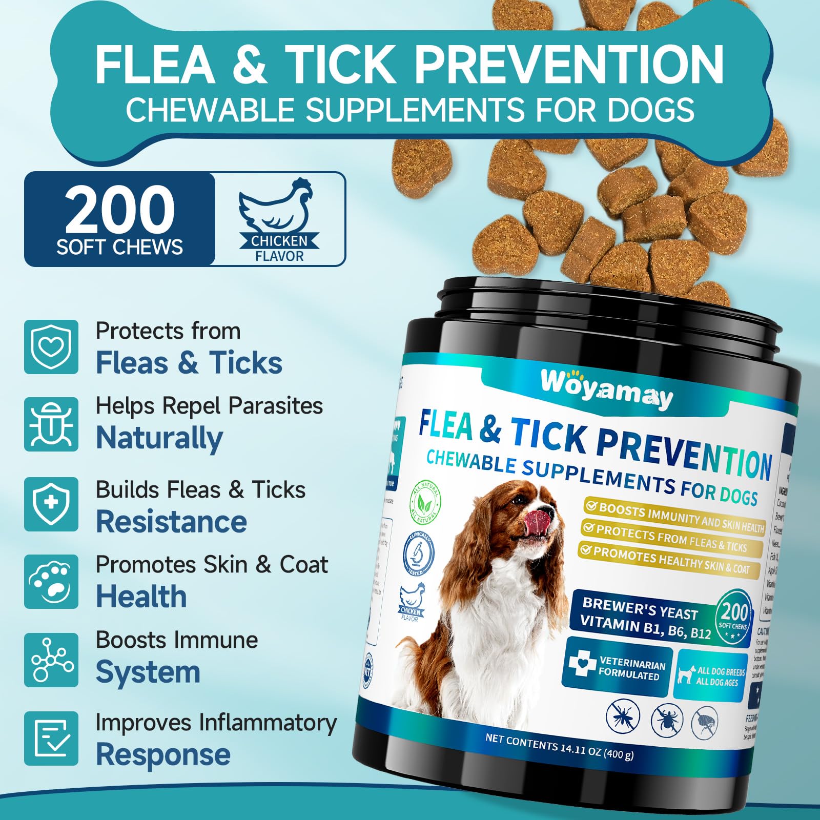 Woyamay Flea and Tick Prevention for Dogs Chewables, 200 Soft Treats, Natural Dog Flea and Tick Treatment, Oral Flea Chews for D