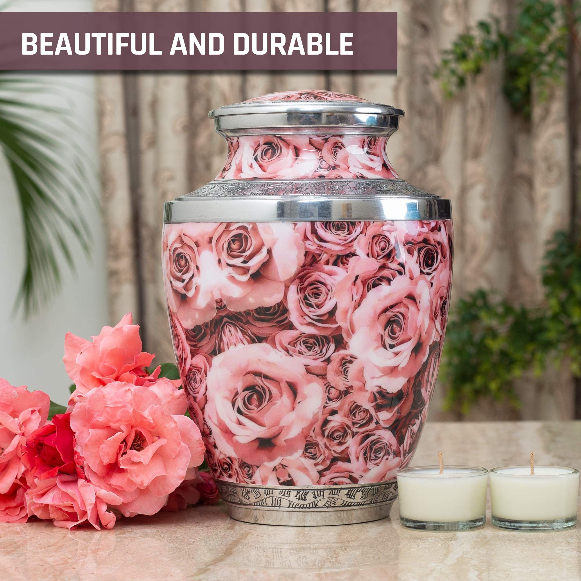 Bold & Divine Hand Painted Pink Rose Cremation Urn | Human Ashes Adult Memorial Urn, Burial, Funeral Cremation Urns |200 Cubic I