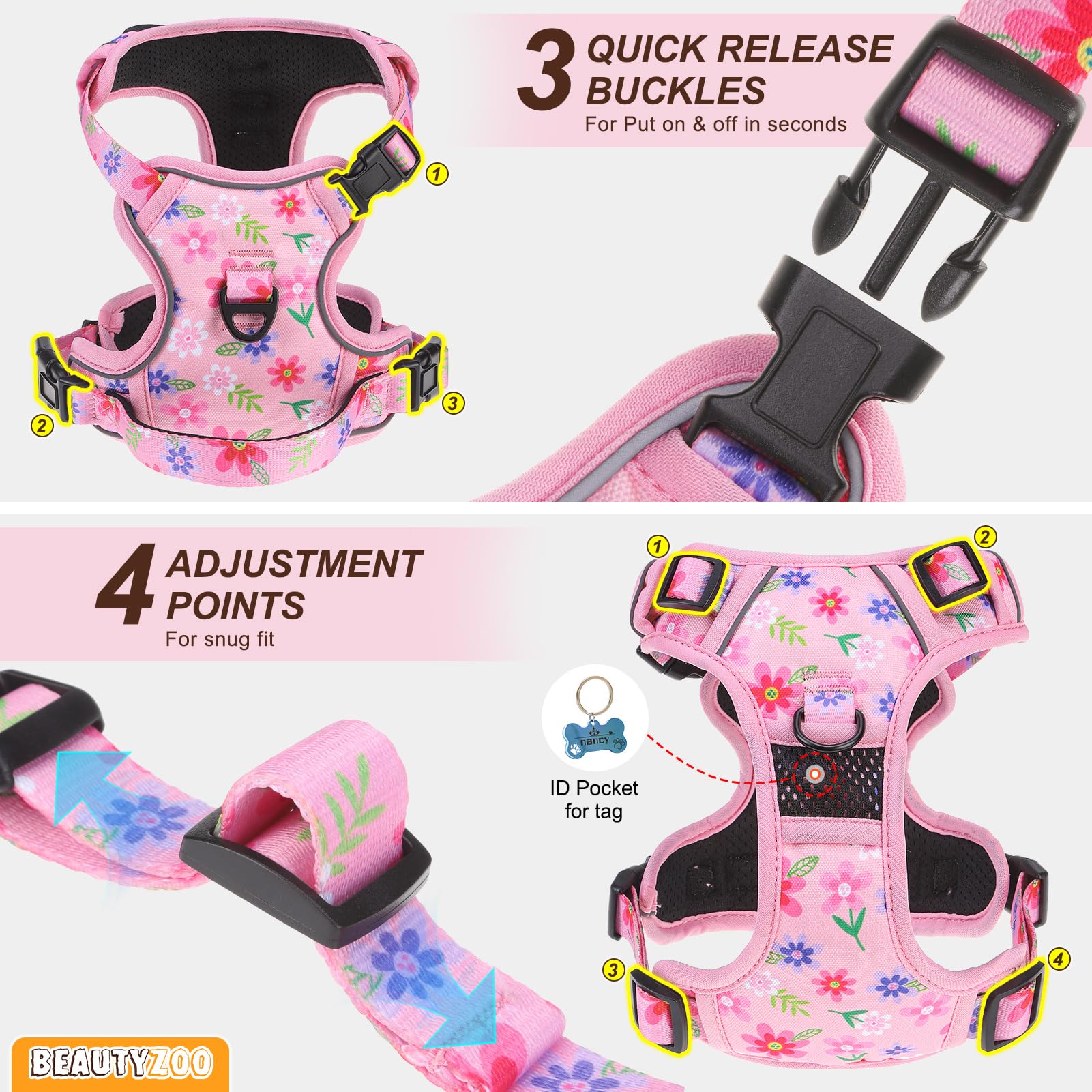 Beautyzoo No Pull Dog Harness Large, Adjustable Dog Harness And Leash Set -Easy Wearing With 3 Buckles/Control Handle,No Choke S