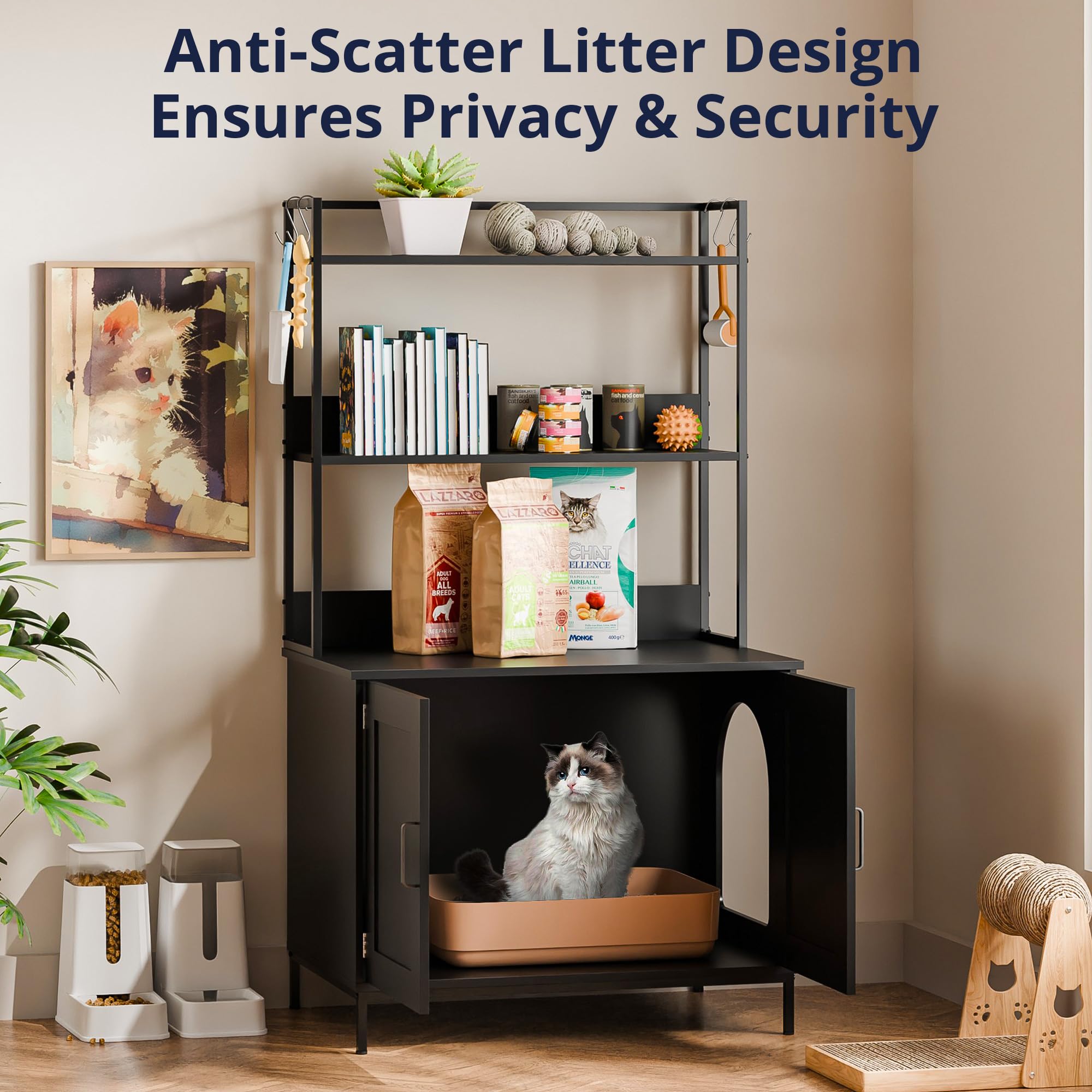 Cozy Castle Litter Box Enclosure, 57' Cat Litter Box Furniture With Large Cabinet, Shelves And 4 S-Hooks, Hidden Cat House For