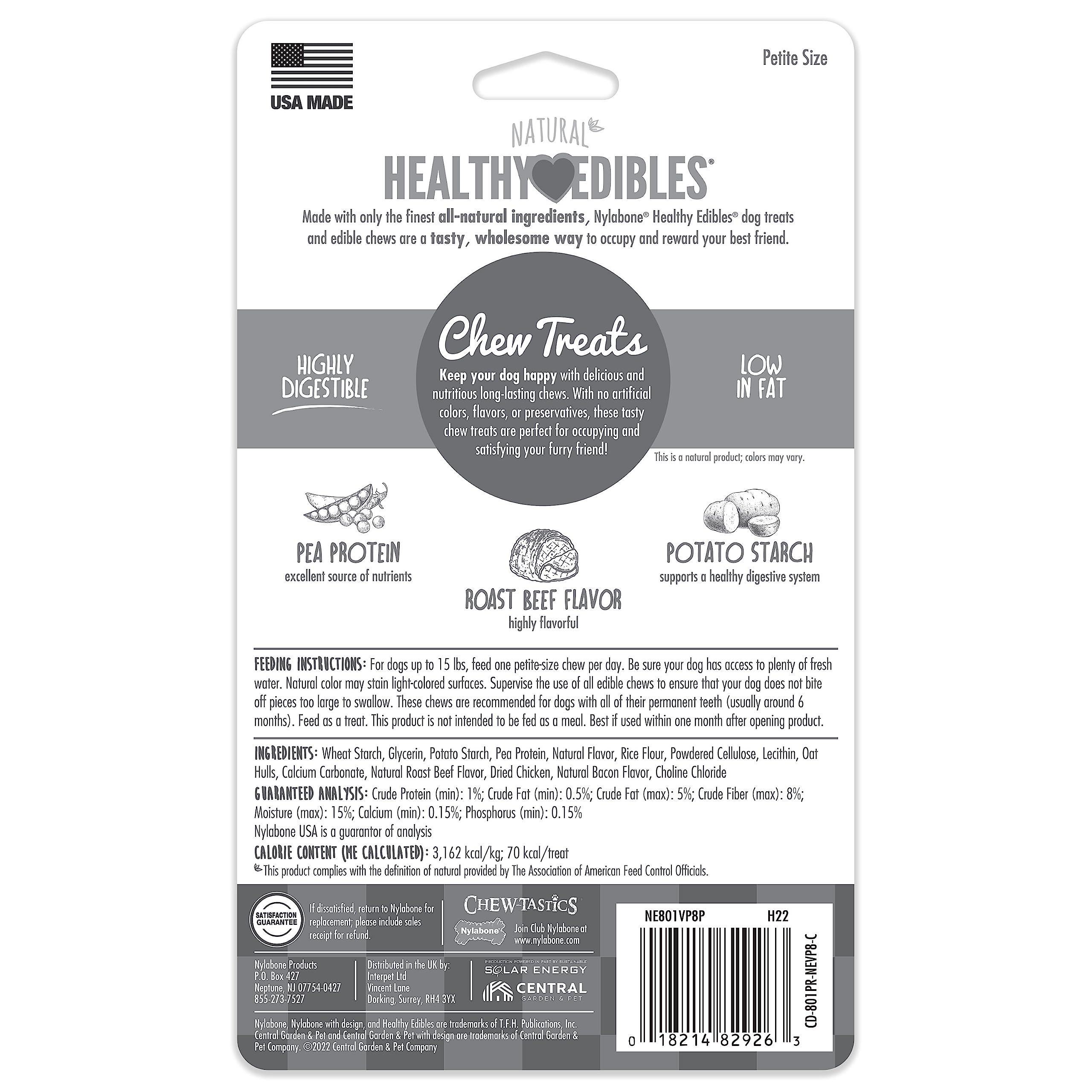 Nylabone Healthy Edibles Natural Dog Chews Long Lasting Chew Treats for Dogs, Roast Beef Flavor, X-Small/Petite (8 Count)