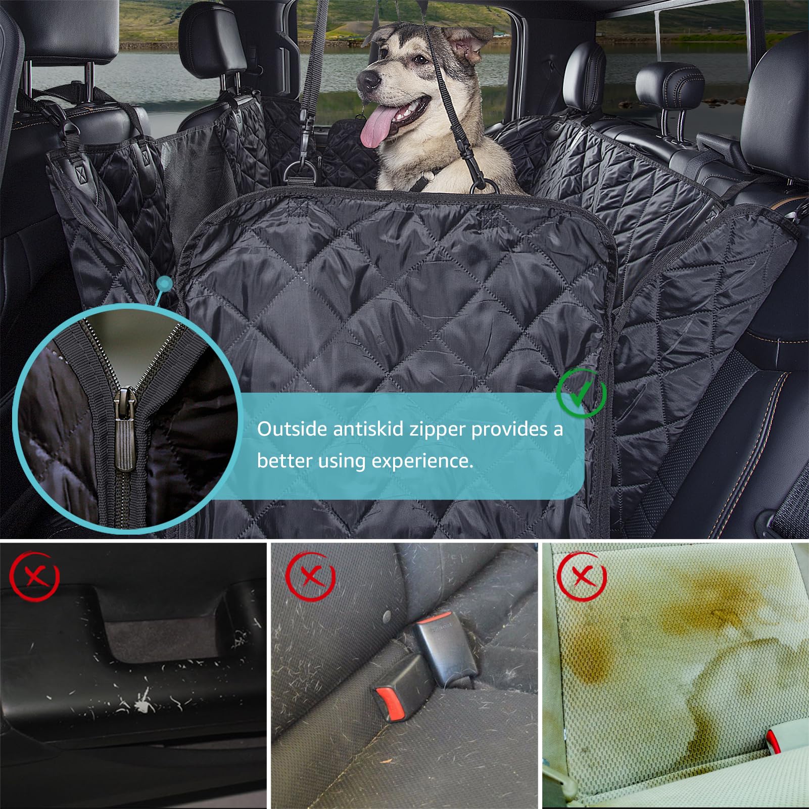 comwish Truck Dog Seat Cover - Waterproof Hammock with Mesh Window & Seat Belt, Black, Model CW-SC-FHXL-BLACK, Non-Slip, Scratchproof