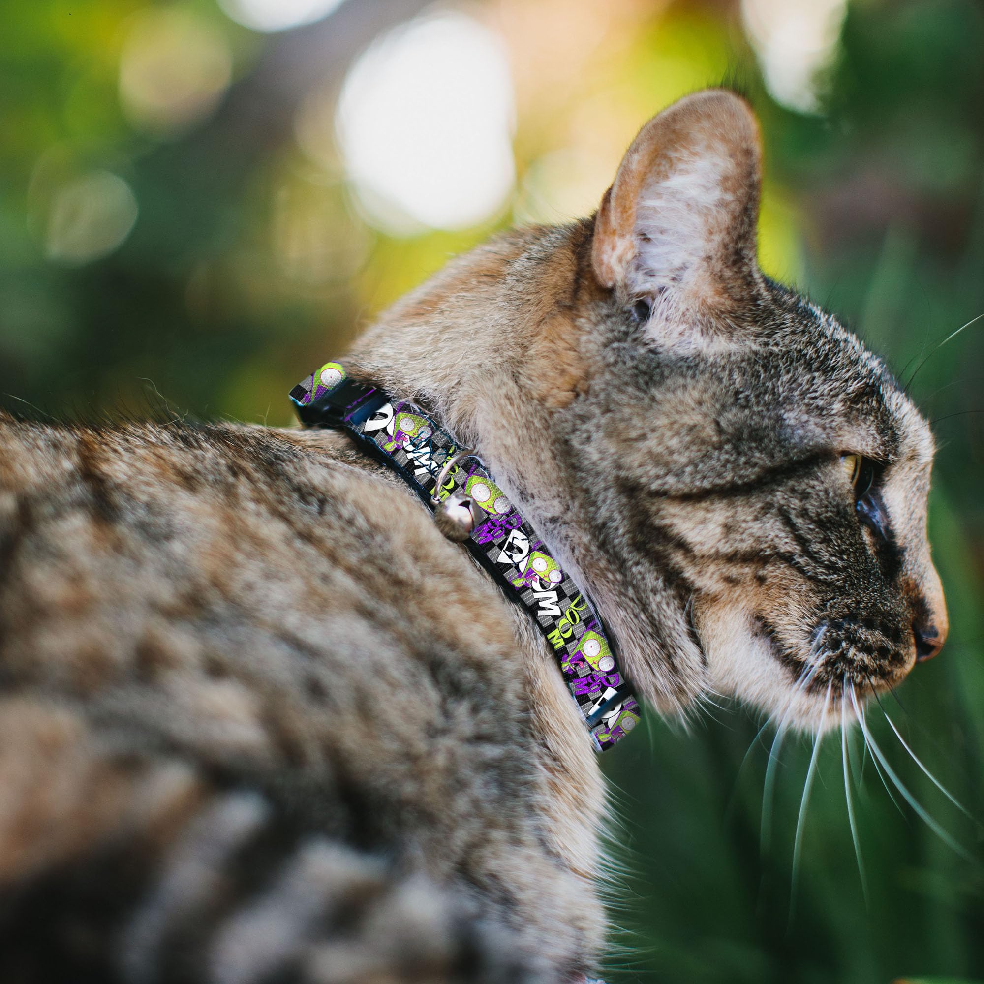 Nickelodeon Cat Collar, Breakaway Collar With Bell, Invader Zim Gir Doom Pose Checker Black Gray, 8.5 To 12 Inches 0.5 Inch Wide