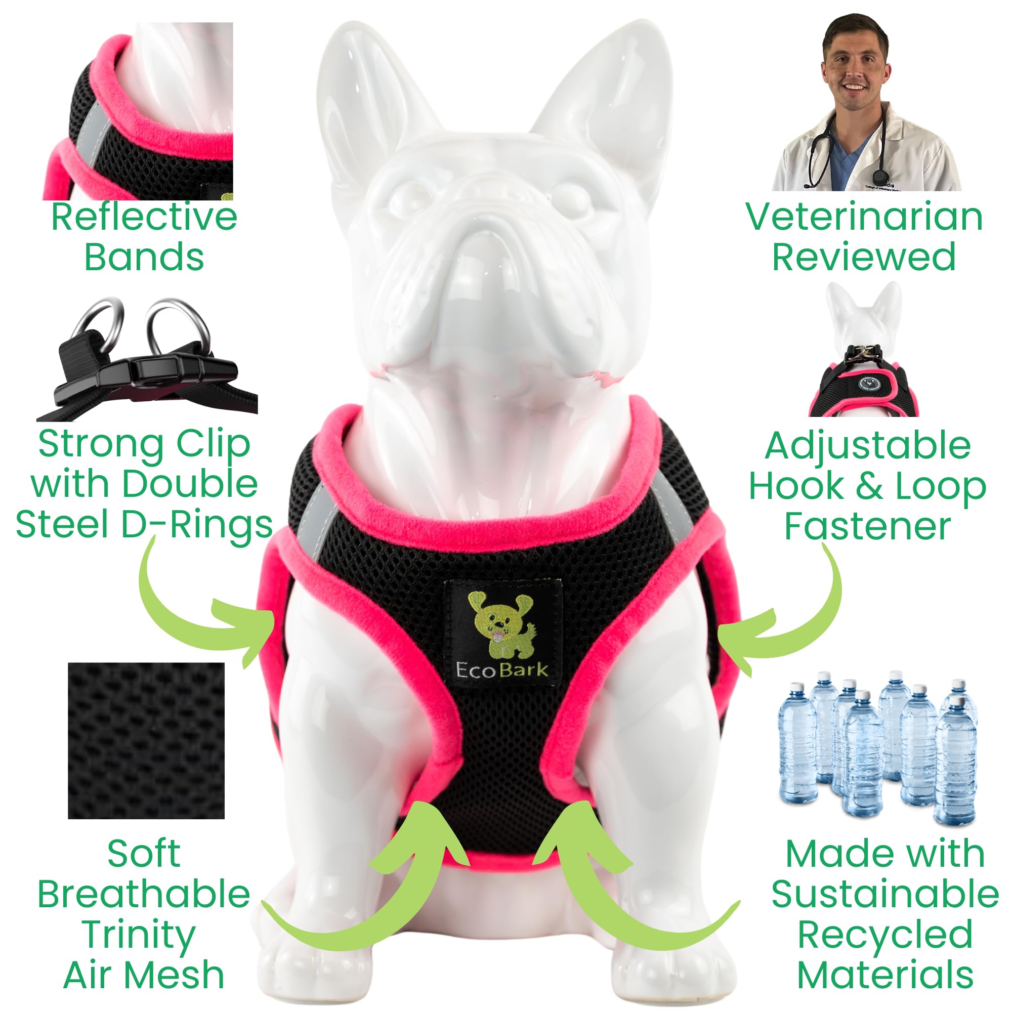 Ecobark Step In Dog Harness - Eco-Friendly Dog Harnesses For Small And Medium Breed Dogs - Reflective And Adjustable Body Halter Vest - Soft Mesh Toy Breed Harness (Black And Pink, Large)