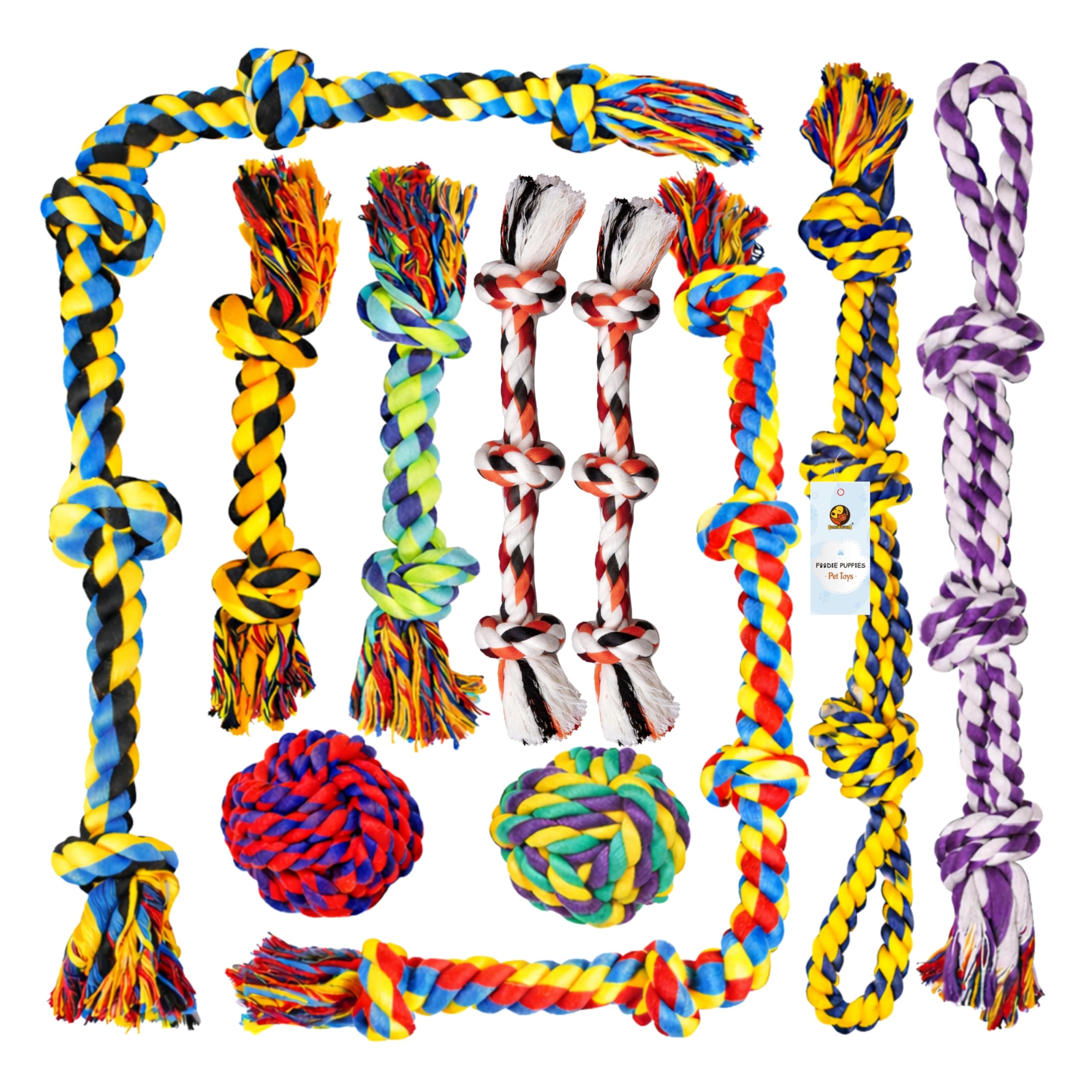 Foodie Puppies 10Pcs Cotton Rope Chew Toy Combo (5Knot + 3Knot Heavy + 3Knot + 2Knot + Cotton Ball, 2 Each) for Medium to Large 