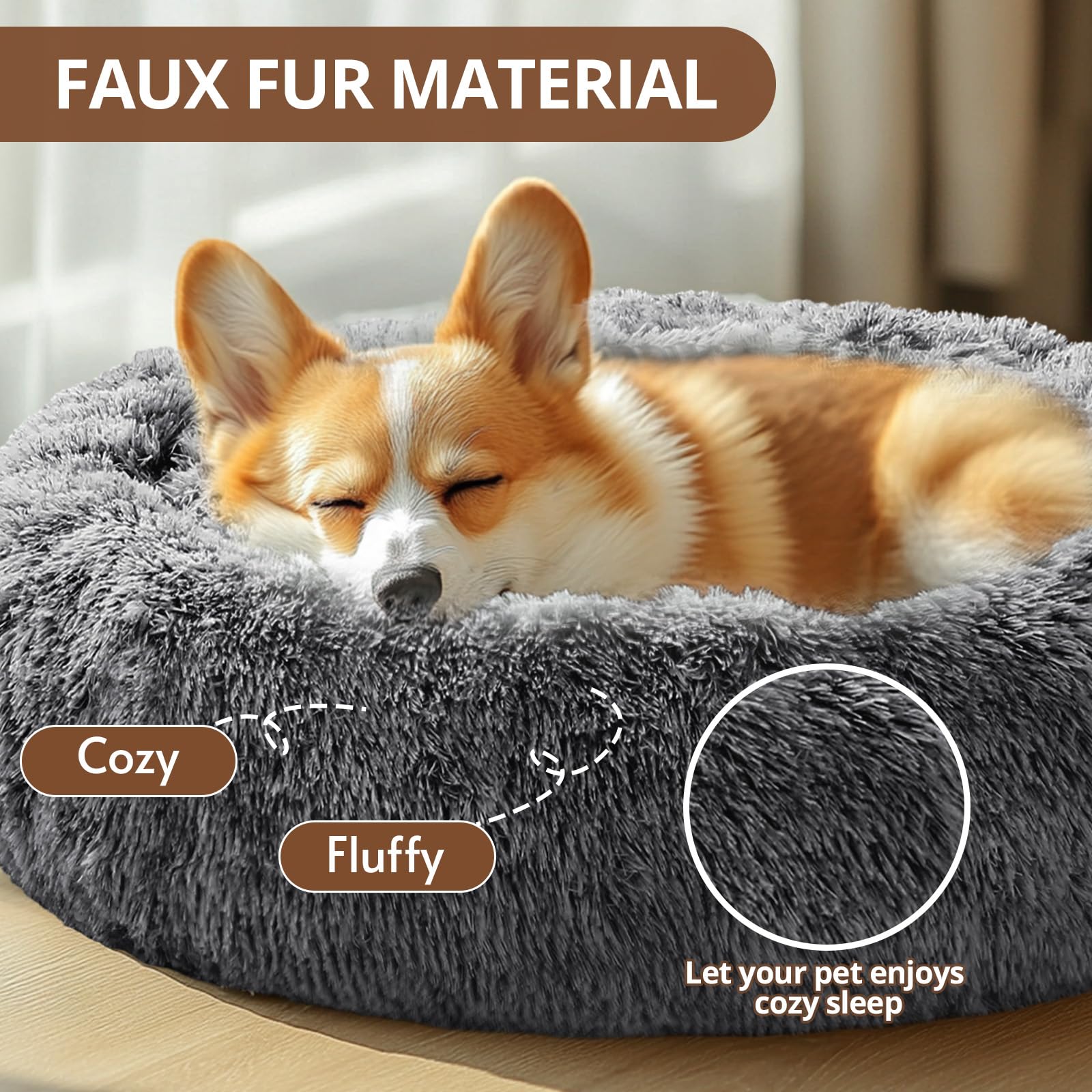 Jollyvogue Calming Dog & Cat Bed For Small Dogs, Anti-Anxiety Donut Cuddler Cozy Soft Round Bed With Anti-Slip Bottom, Fluffy Fa
