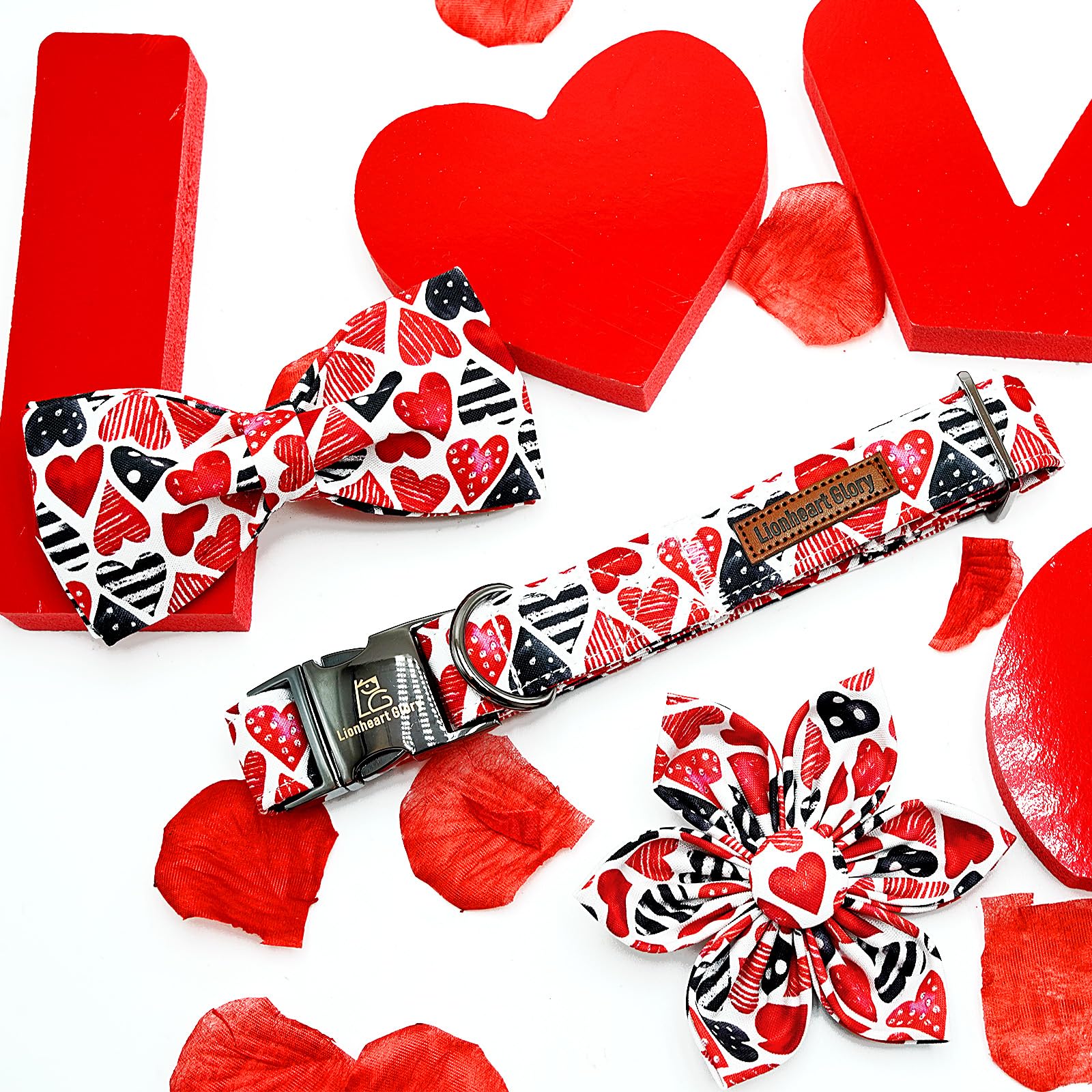 Lionheart Glory Valentine'S Day Dog Collar-Red Hearts Print Dog Collar With Flower For Medium Dogs Spring Pink Cute Dog Bow Coll