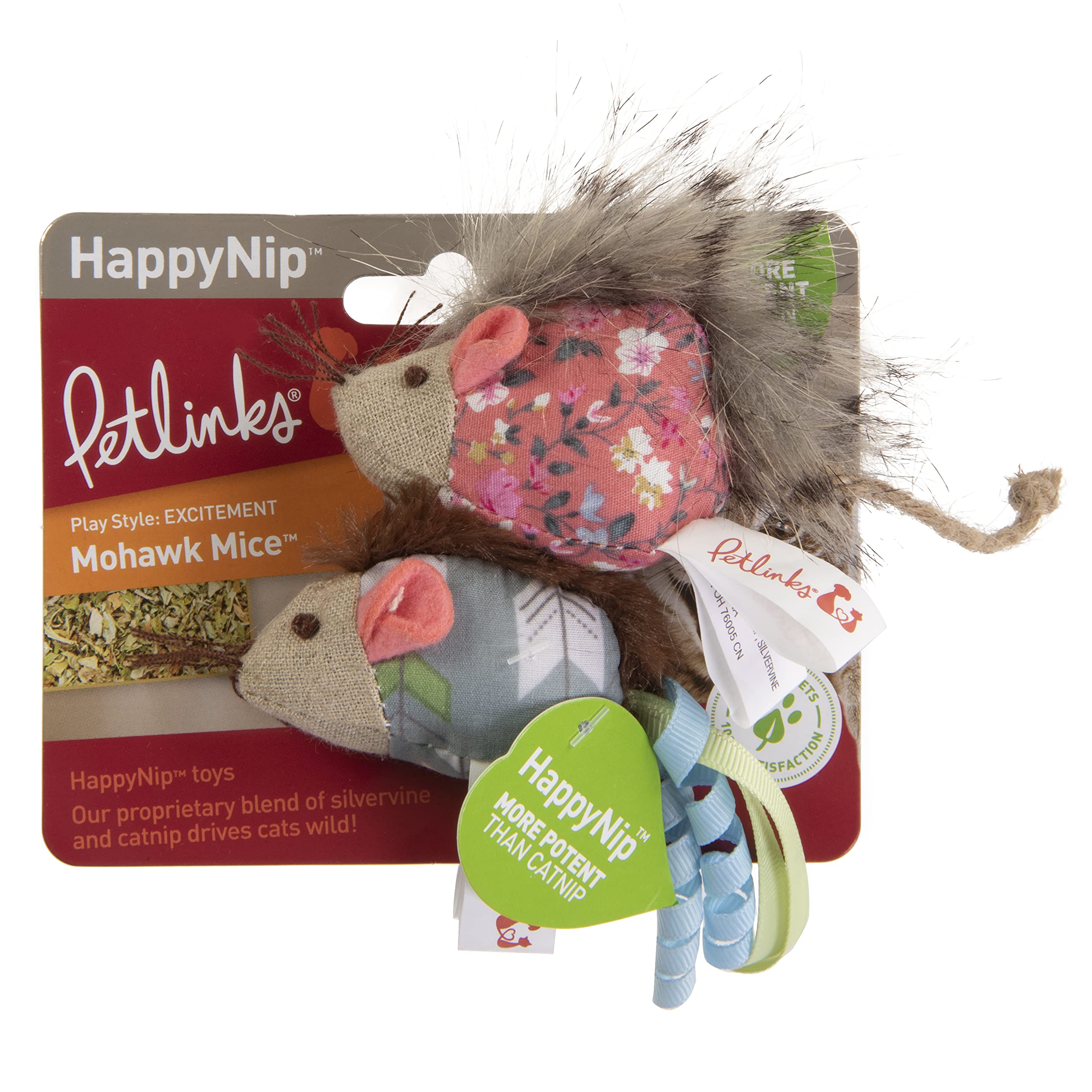 Petlinks HappyNip Mohawk Mice Cat Toys, Set of 2, Blue/Pink, Polyester, Model 40209, Contains Silvervine & Catnip