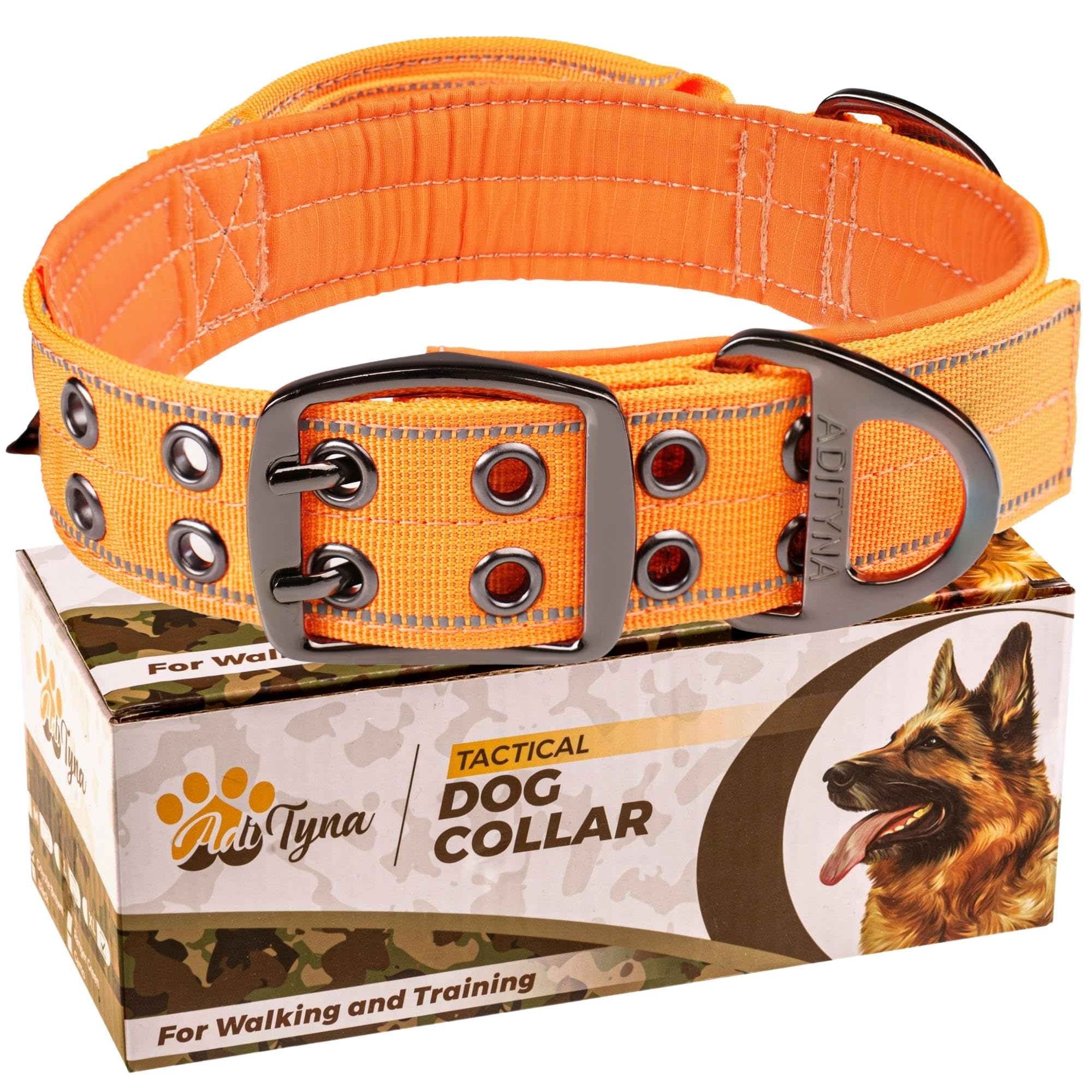 Adityna Heavy Duty Dog Collar For Extra-Large Dogs - Reflective Orange Collar With Handle For Training, And Walking - Wide, Thic