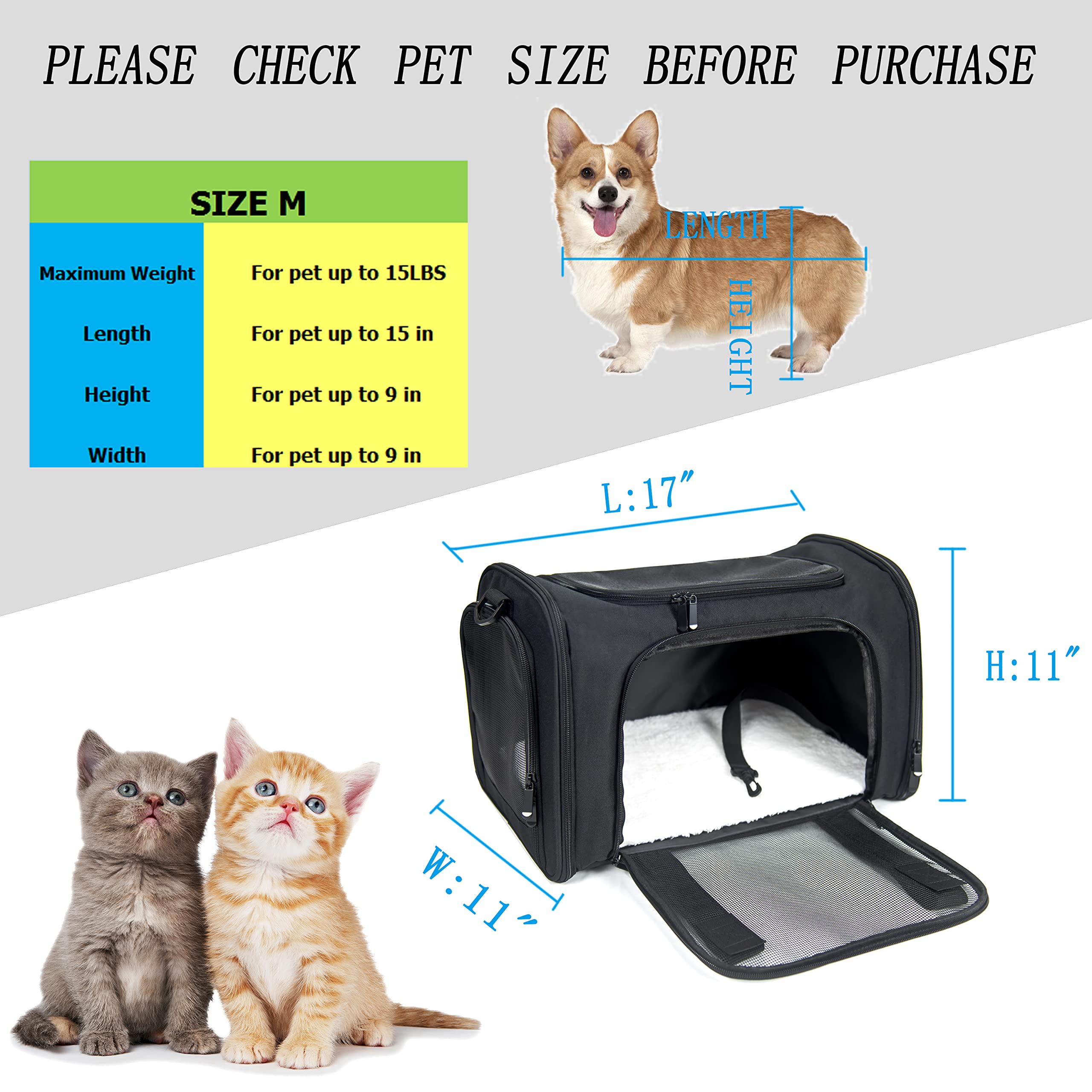 NextFri Soft Sided Pet Carrier, TSA Approved, Medium Black, Polyester, Model NextFri05 for Small & Medium Cats/Dogs