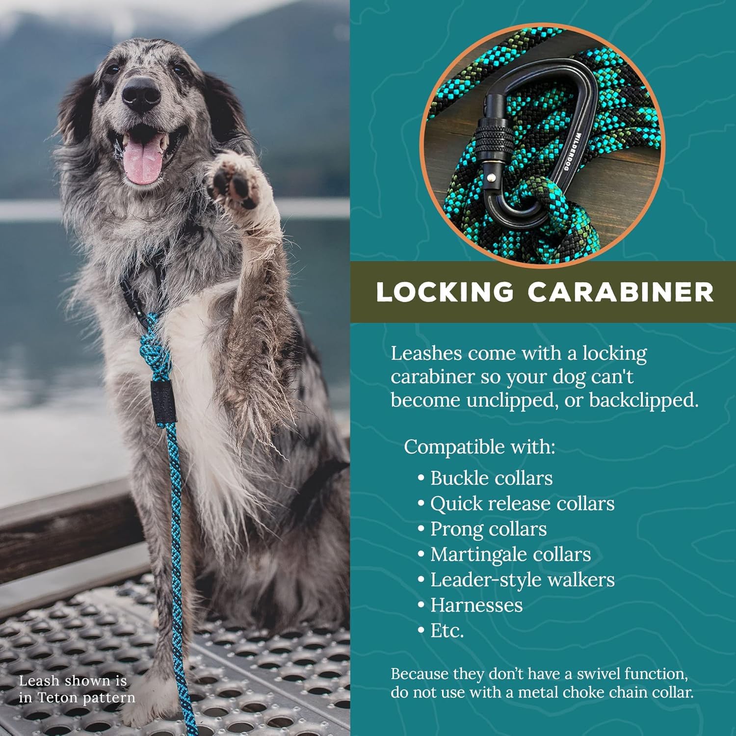 Wilderdog Carabiner Climbing Rope Dog Leash For Medium & Large Dogs - 10Ft - Granite