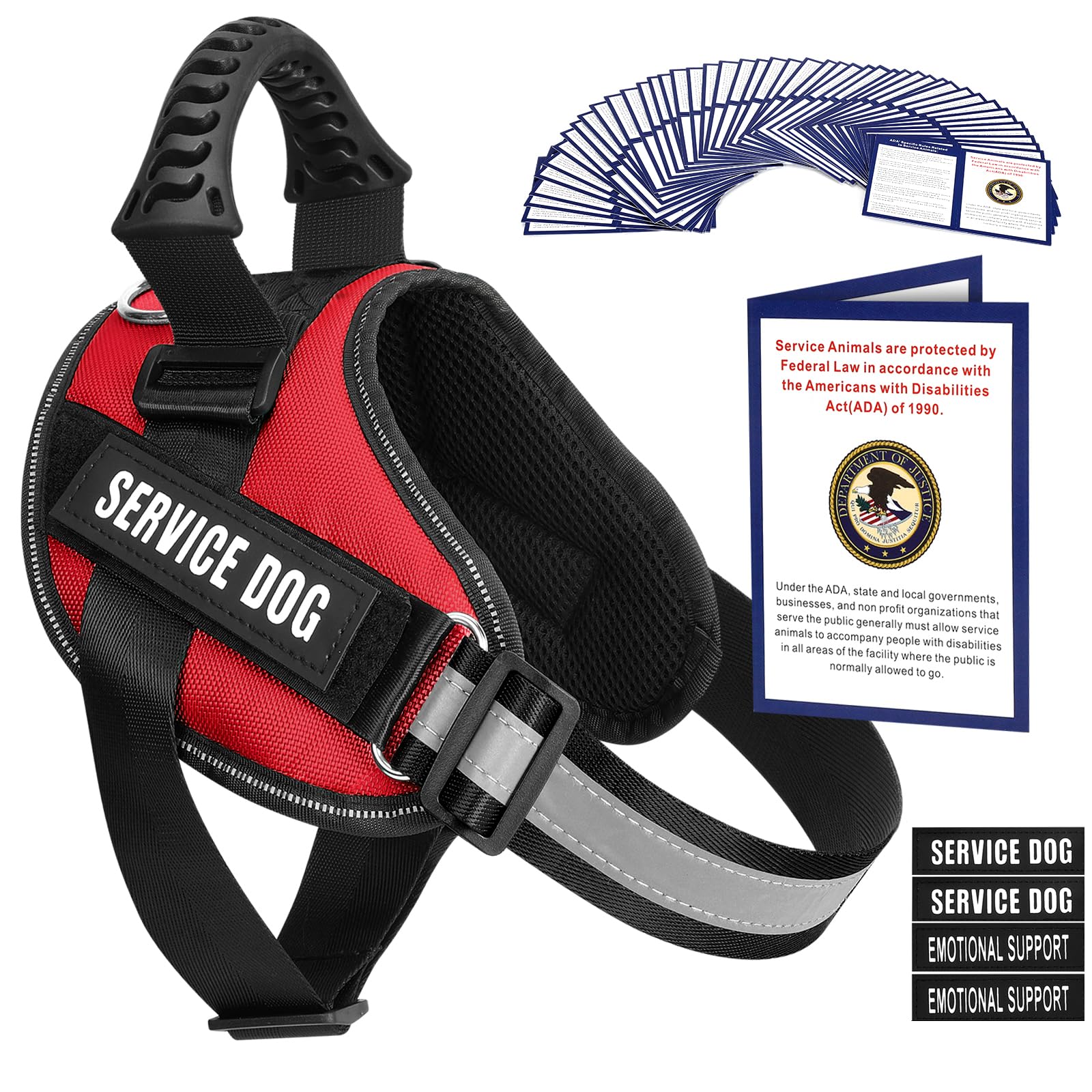 Service Dog Vest Harness + 50 Ada Information Cards + 4 Patches, Animire Reflective Emotional Support Dog Vest With Sturdy Handl