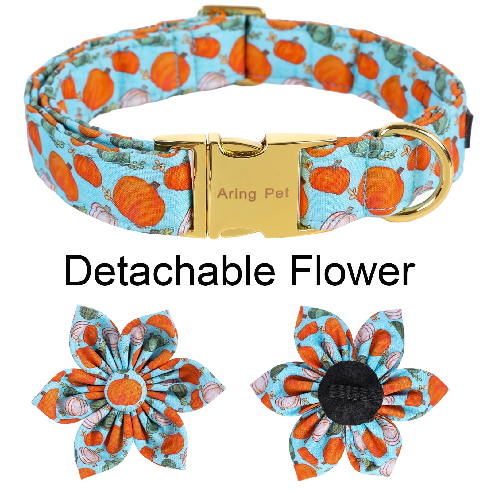 Aring Pet Halloween Dog Collar Cotton Pumpkin Dog Collar With Flower, Adjustable Blue Pumpkin Pet Collars Girl Puppy Collars With Metal Buckle