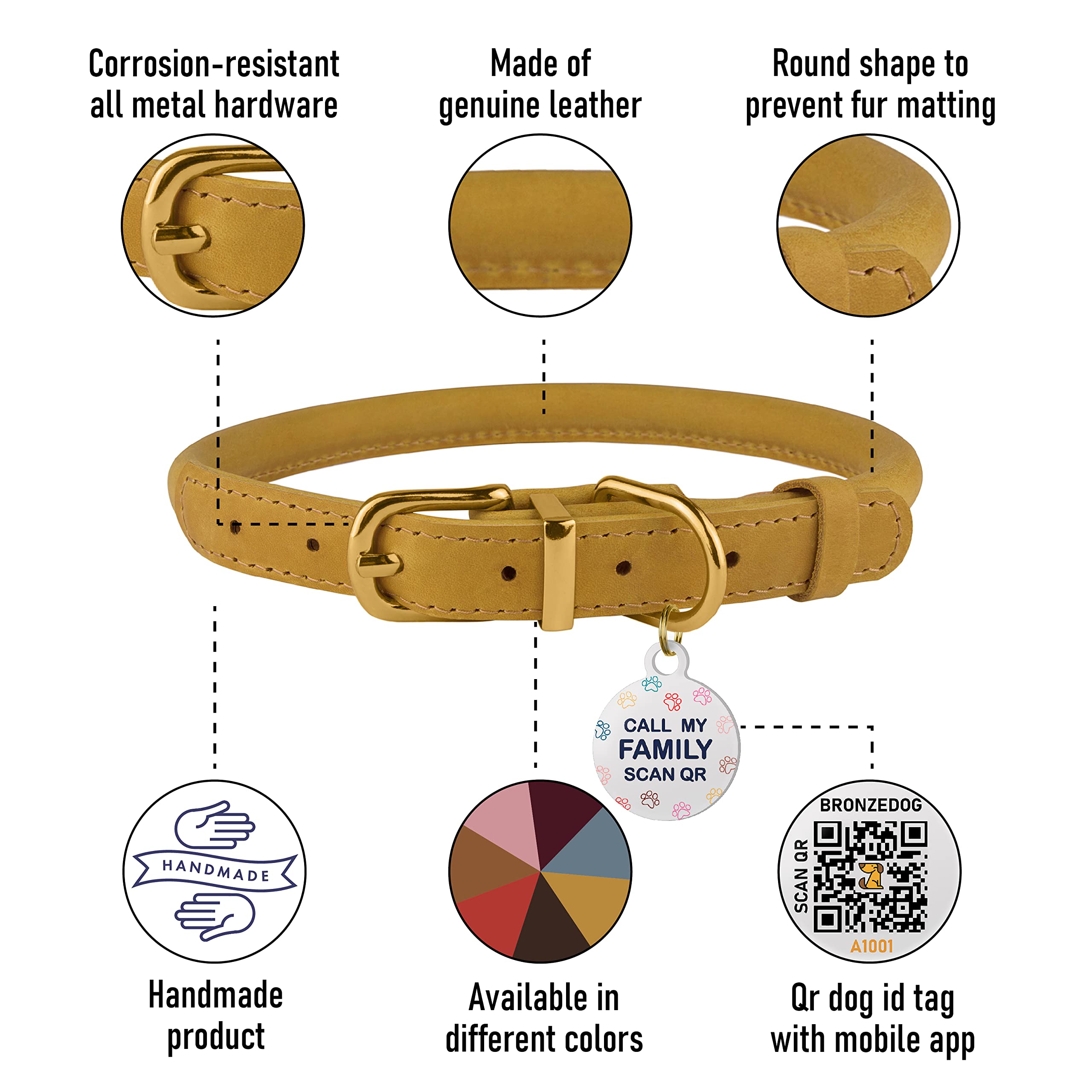 BRONZEDOG Rolled Leather Dog Collar with QR ID Tag Adjustable Soft Round Collars for Small Medium Large Dogs Puppy Cat (9 - 11 N
