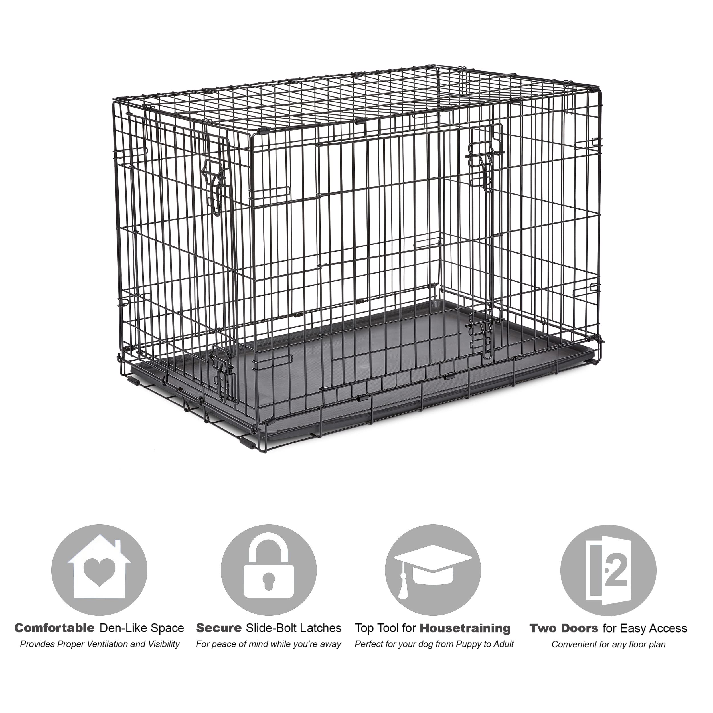 New World 36-Inch Double Door Folding Metal Dog Crate, Black, Includes Leak-Proof Pan & Divider for Medium to Large Breeds