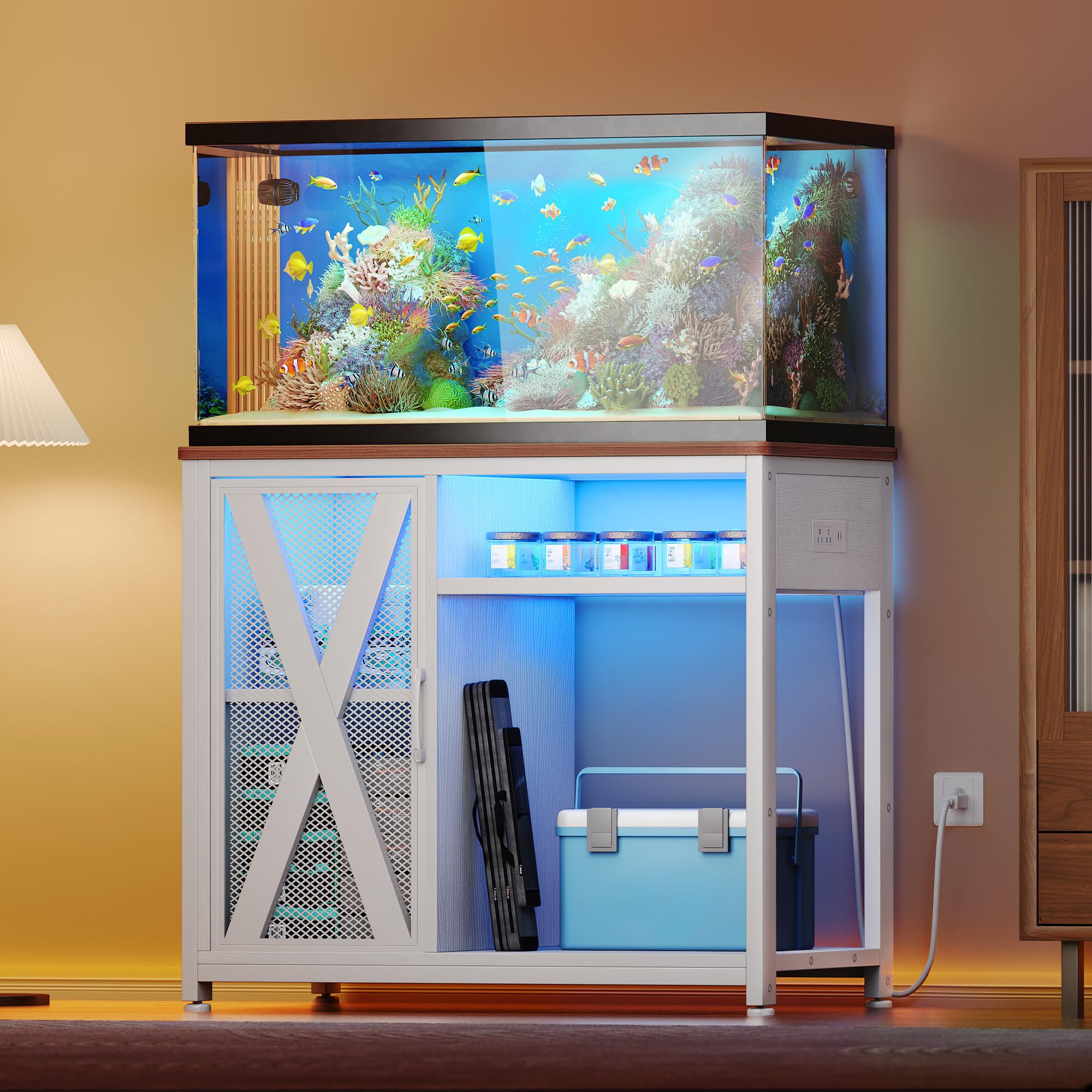 YITAHOME Fish Tank Stand with Power Outlets & LED Light, 40-50 Gallon Metal Aquarium Stand with Cabinet for Fish Tank Accessorie