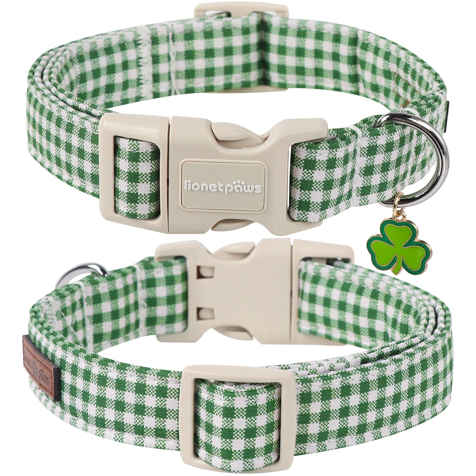 Lionet Paws St. Patrick Dog Collar, Comfortable Adjustable Green Collar With Green And White Grid Pattern For Medium Male Female