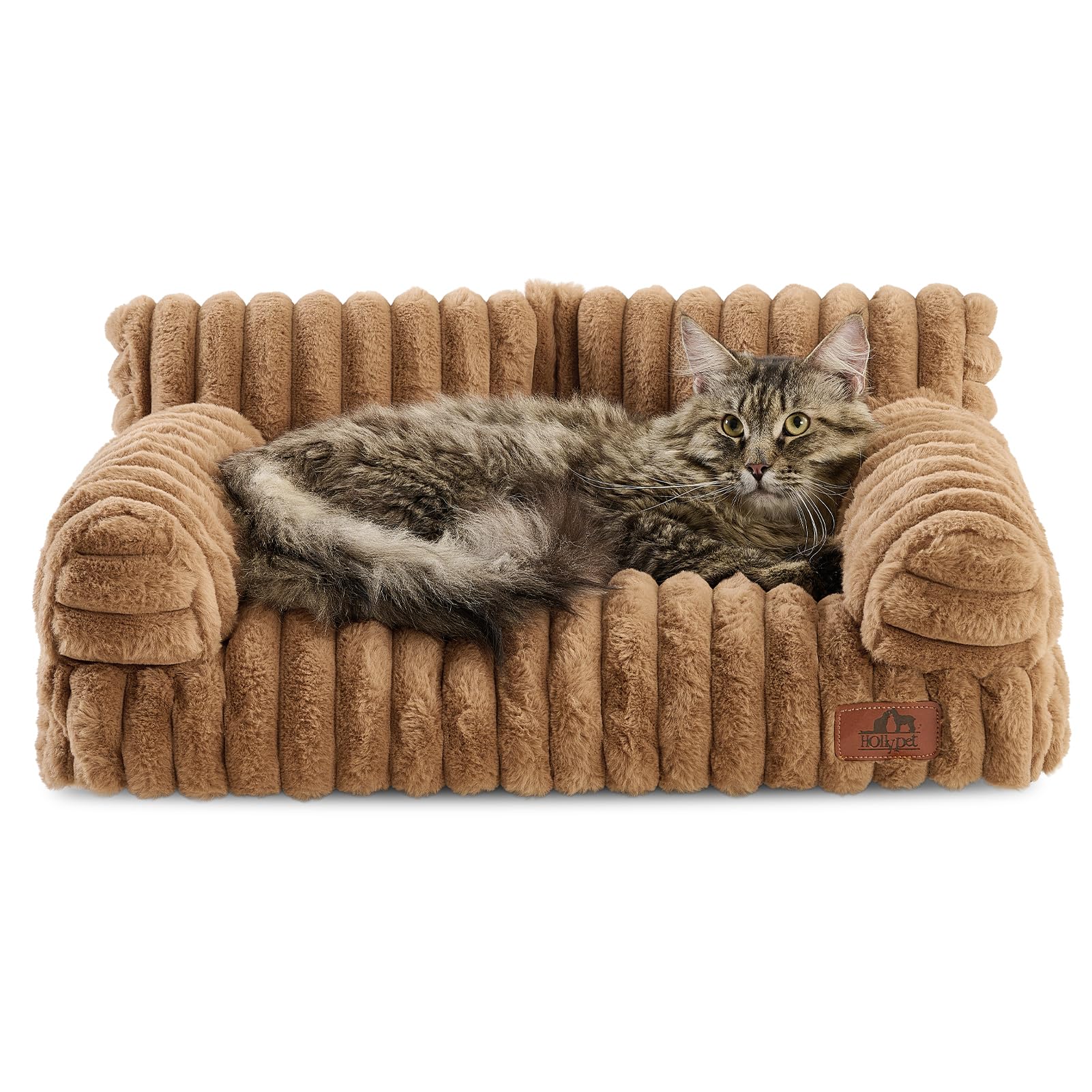 Hollypet Fluffy Dog Cat Bed Pet Couch Beds Plush Soft Warming Washable Puppy Bed for Small Medium Dogs and Large Cats, Brown, 24