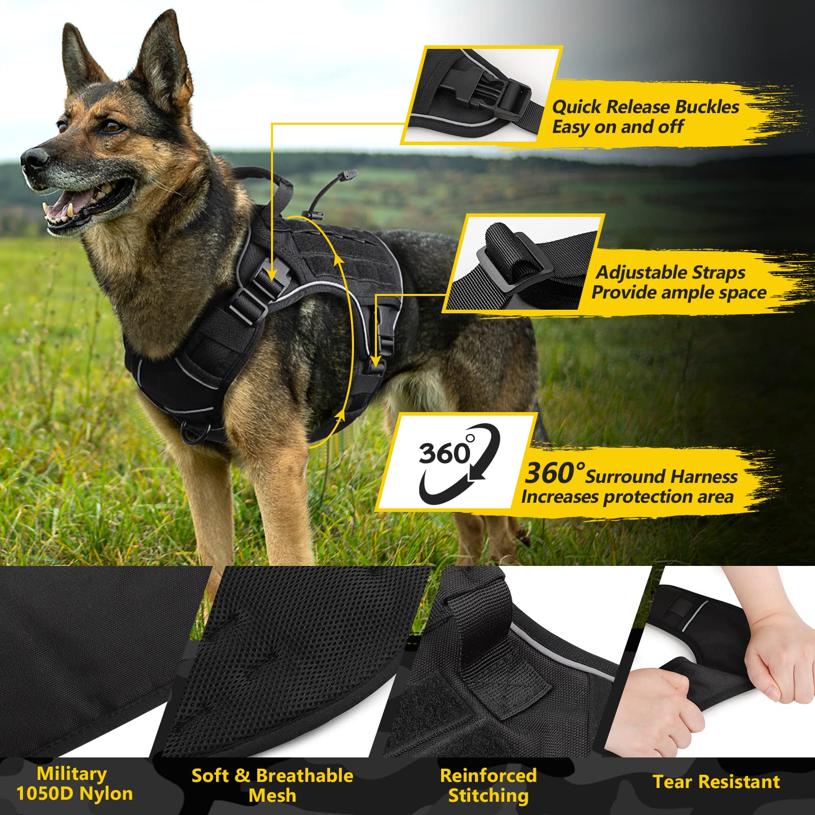 WINGOIN Black Tactical Dog Harness for Large Dogs - Adjustable No Pull Vest with Handle, Reflective Mesh for Training & Hiking