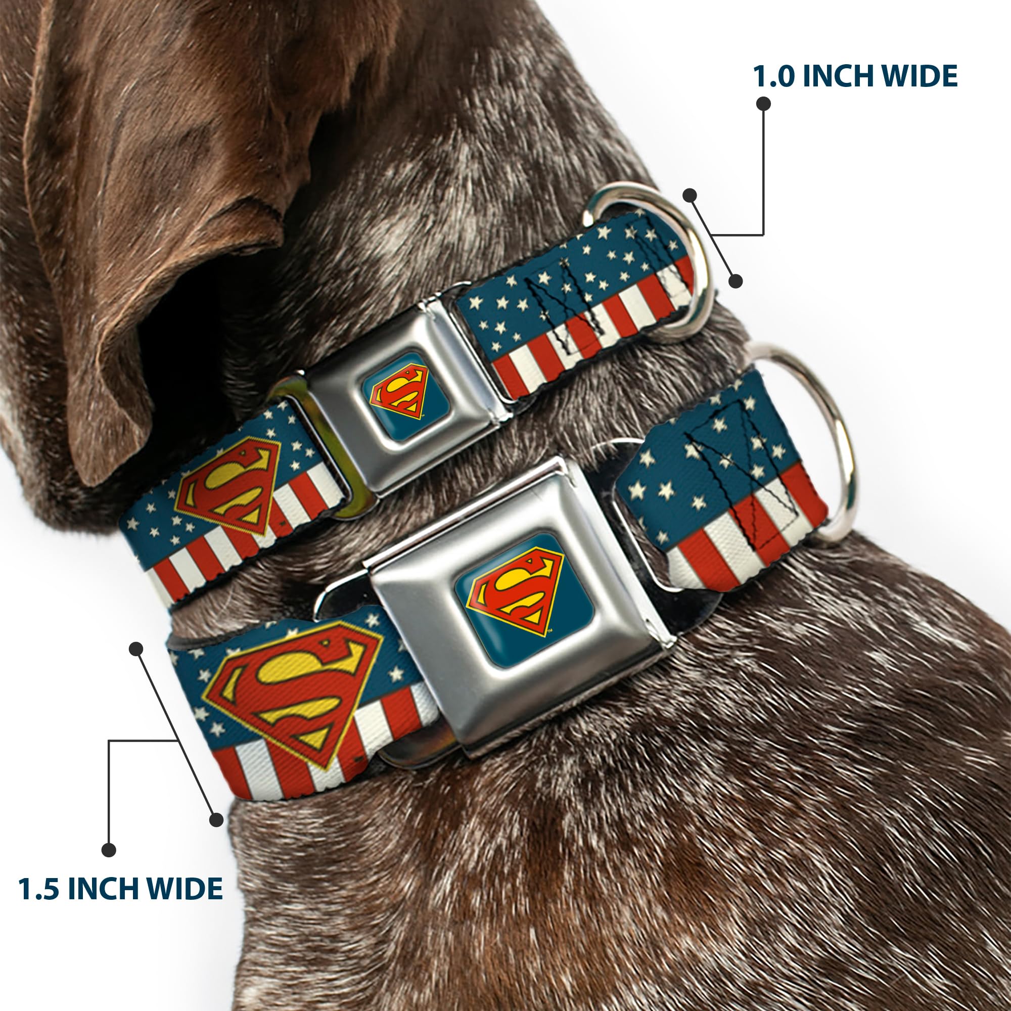 Buckle-Down Seatbelt Buckle Dog Collar - Superman Shield Americana Red/White/Blue/Yellow - 1' Wide - Fits 9-15' Neck - Small