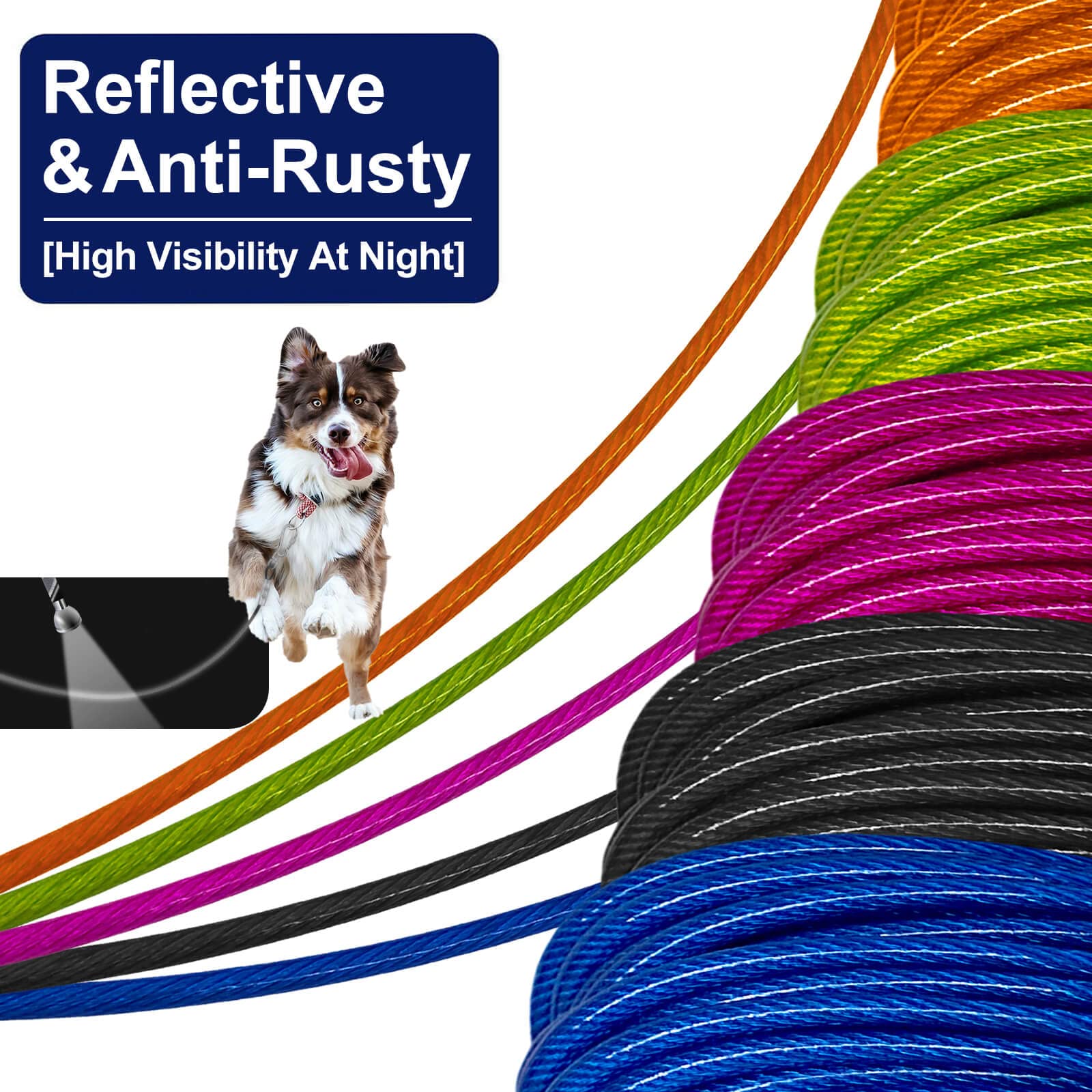 Dog Leads For Yard 20Ft 25Ft 30Ft 35Ft 40Ft 45Ft 50Ft 55Ft 65Ft 100Ft Dog Tie Out Cable Runner Steel Tieout Heavy Duty Tether Chew Proof Long Dog Chains For Outside, Camping, Park (20Ft-Blue)