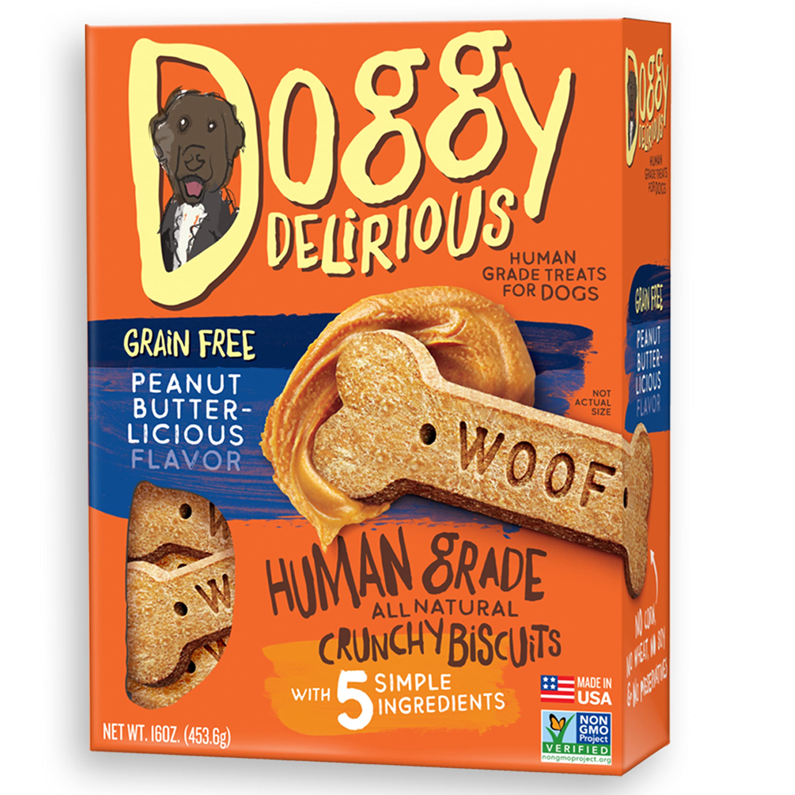 Doggy Delirious Crunchy Dog Treats – All Breeds & Sizes – Natural Puppy Snack – 100% Human-Grade – Grain-Free Peanut Butter Bones – 16 Oz, 1 lb Pack (1)