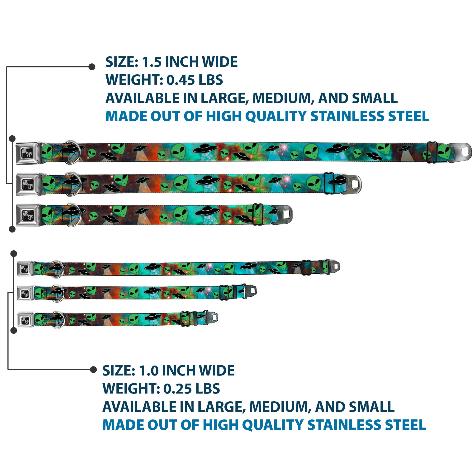 Dog Collar Seatbelt Buckle Aliens Ufos Galaxy Green Black White 13 To 18 Inches 1.5 Inch Wide