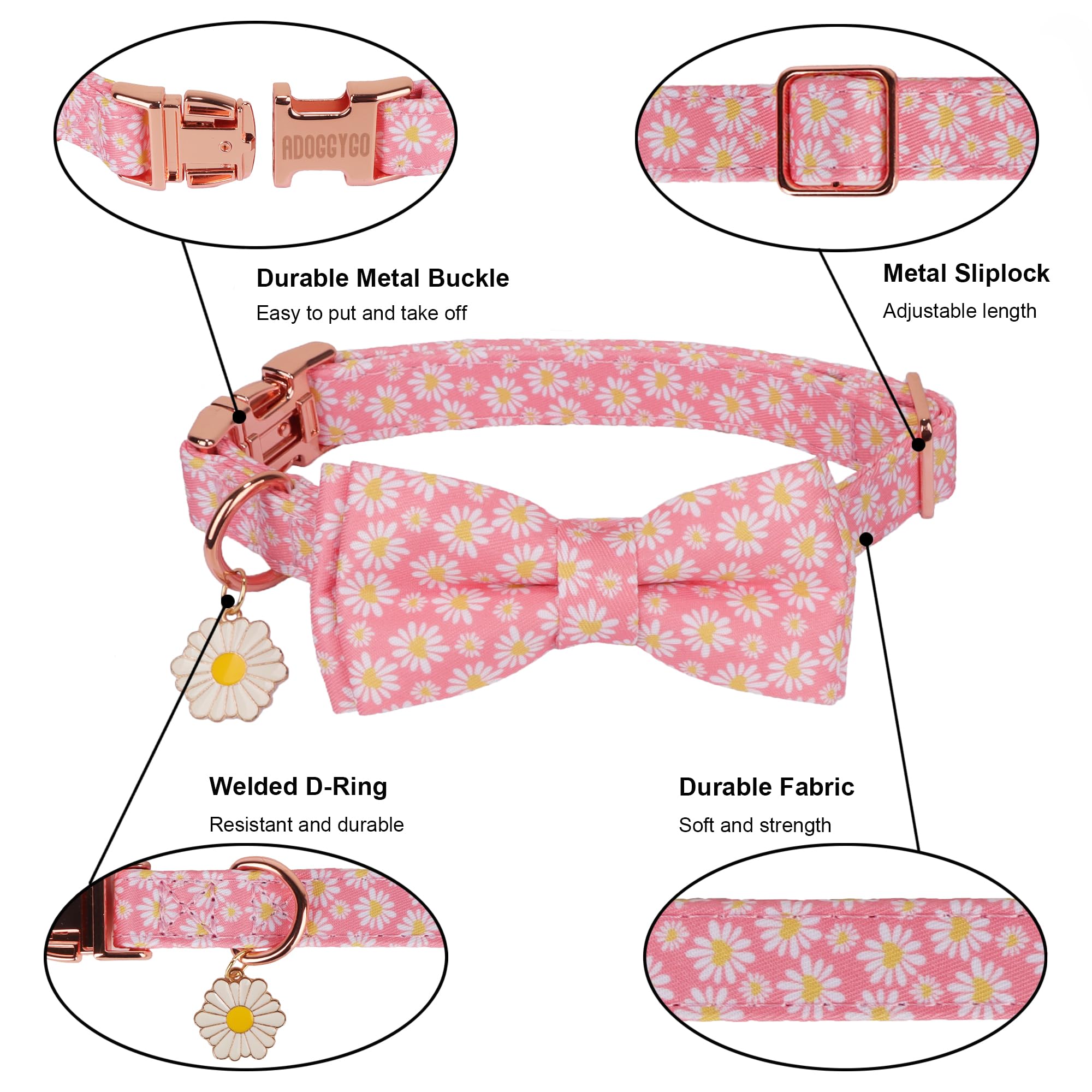 Adoggygo Floral Dog Collar With Bowtie, White Daisy Dog Flower Collar With Metal Buckle, Adjustable Pink Dog Floral Collars For