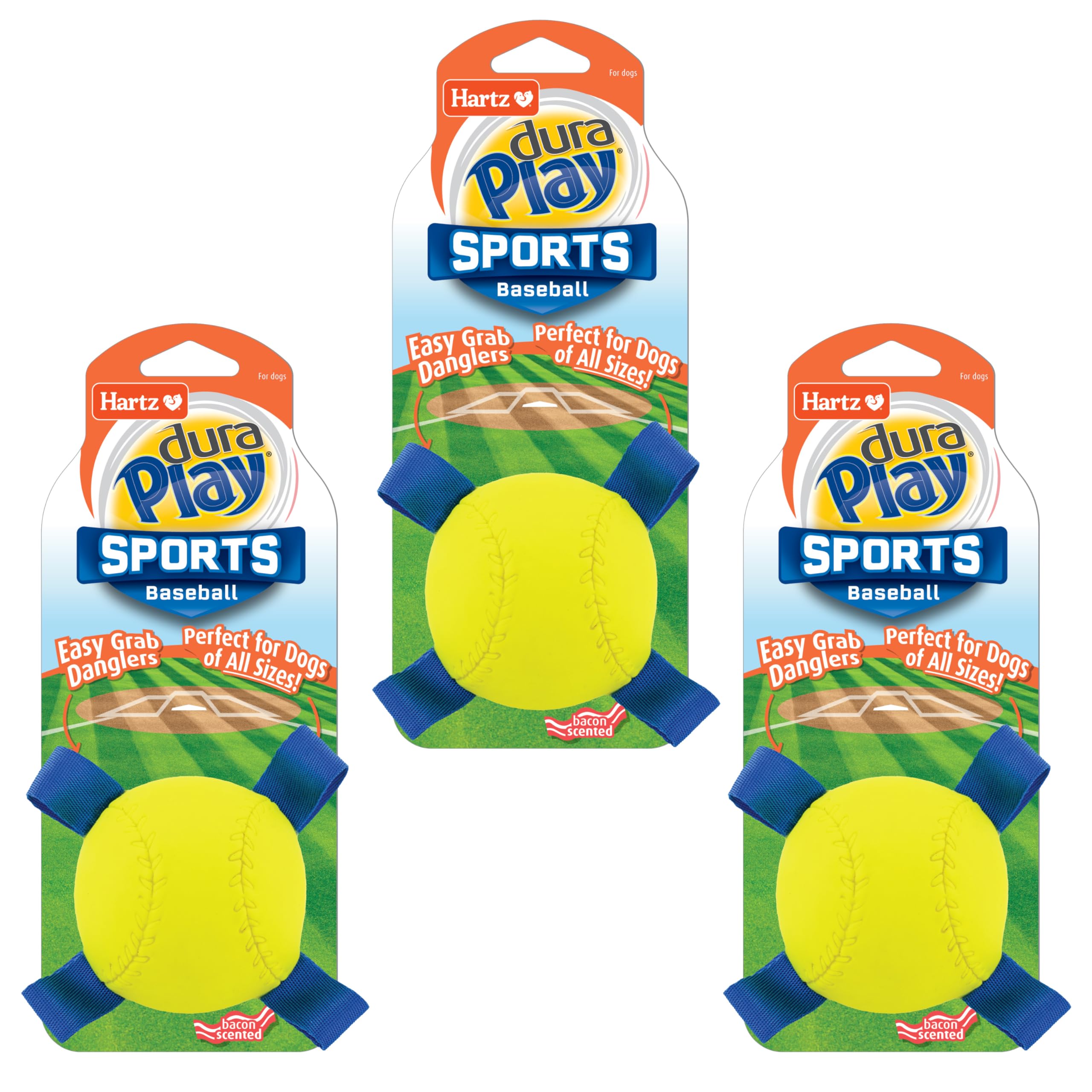 Hartz Dura Play Sports Baseball Dog Toy, Bacon Scented Squeaky Latex Yellow & Blue Toy, 3 Count