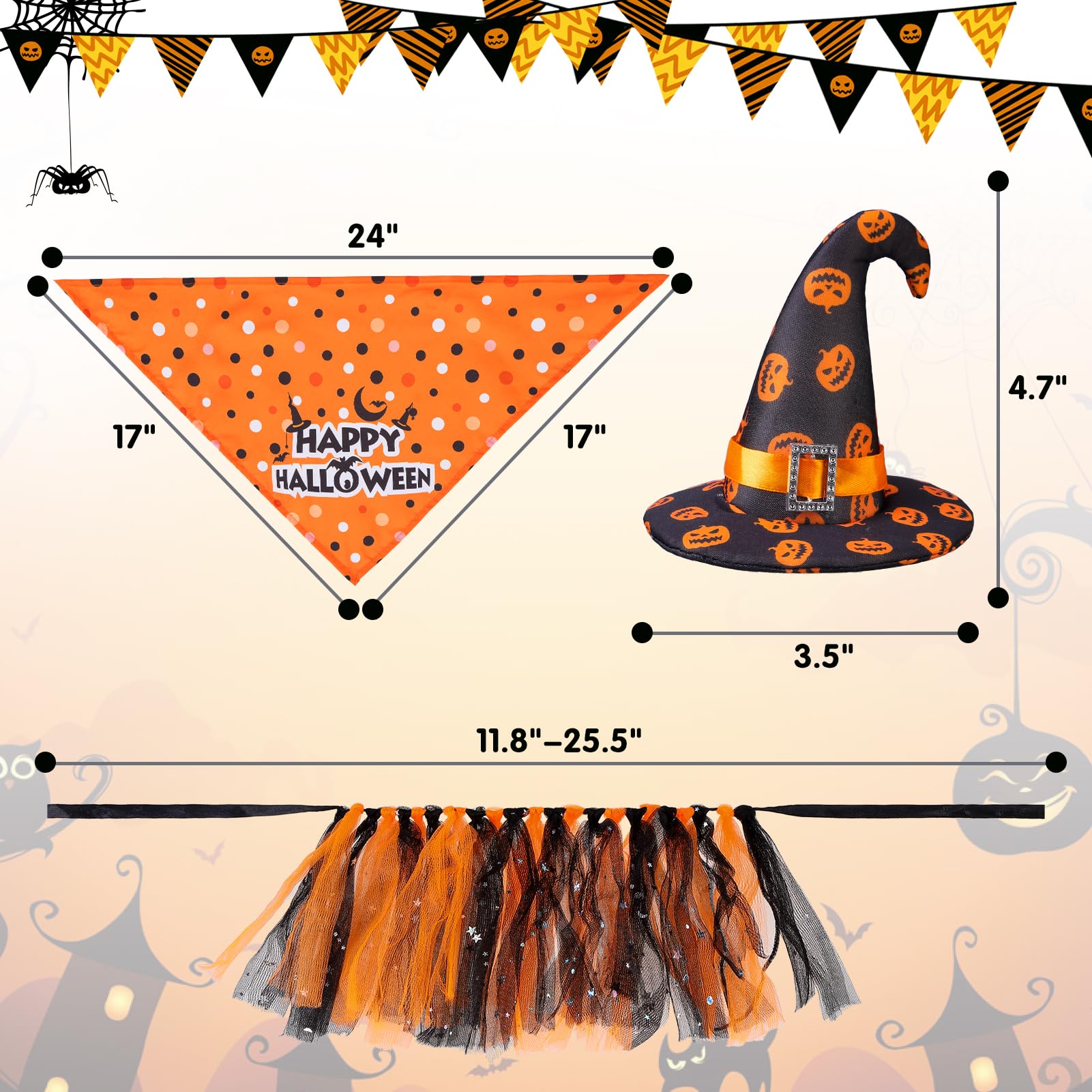 Scenereal Small Dog Halloween Costumes, Bandana Hat Dress Set, 3Pcs Puppy Party Supplies, Soft Triangle Scarf, Cute Tutu Skirt Outfit For Girl Boy Pet