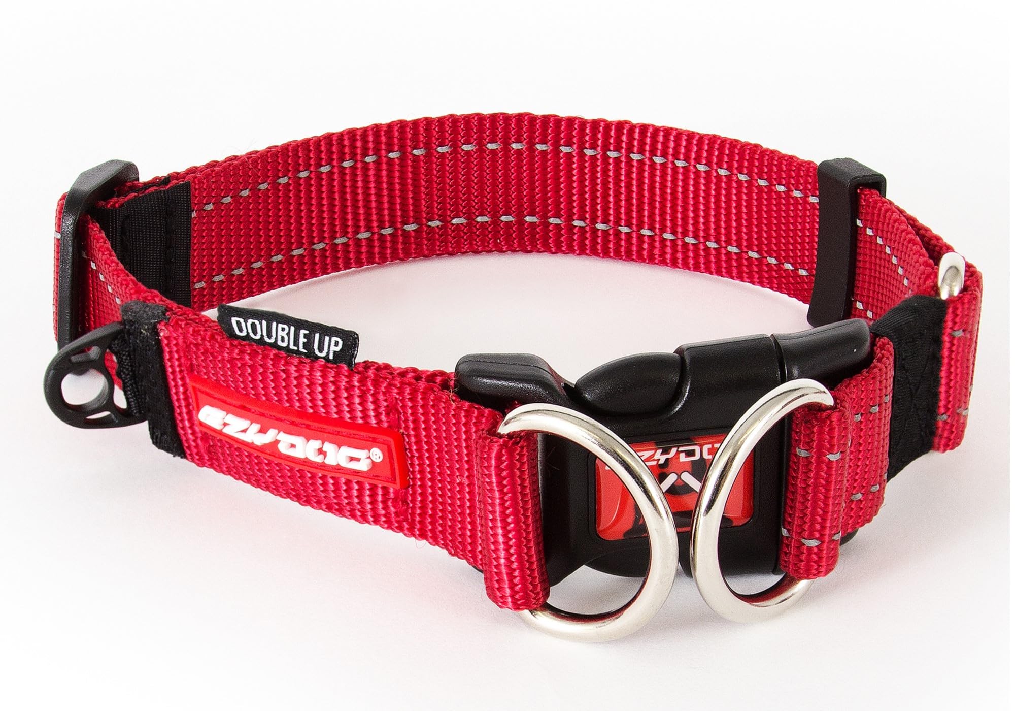 Ezydog Double Up Premium Nylon Dog Collar With Reflective Stitching - Double D-Rings For Superior Strength, Safety, And Comfortability - Non-Rusting And Includes An Id Attachment (Small, Red)