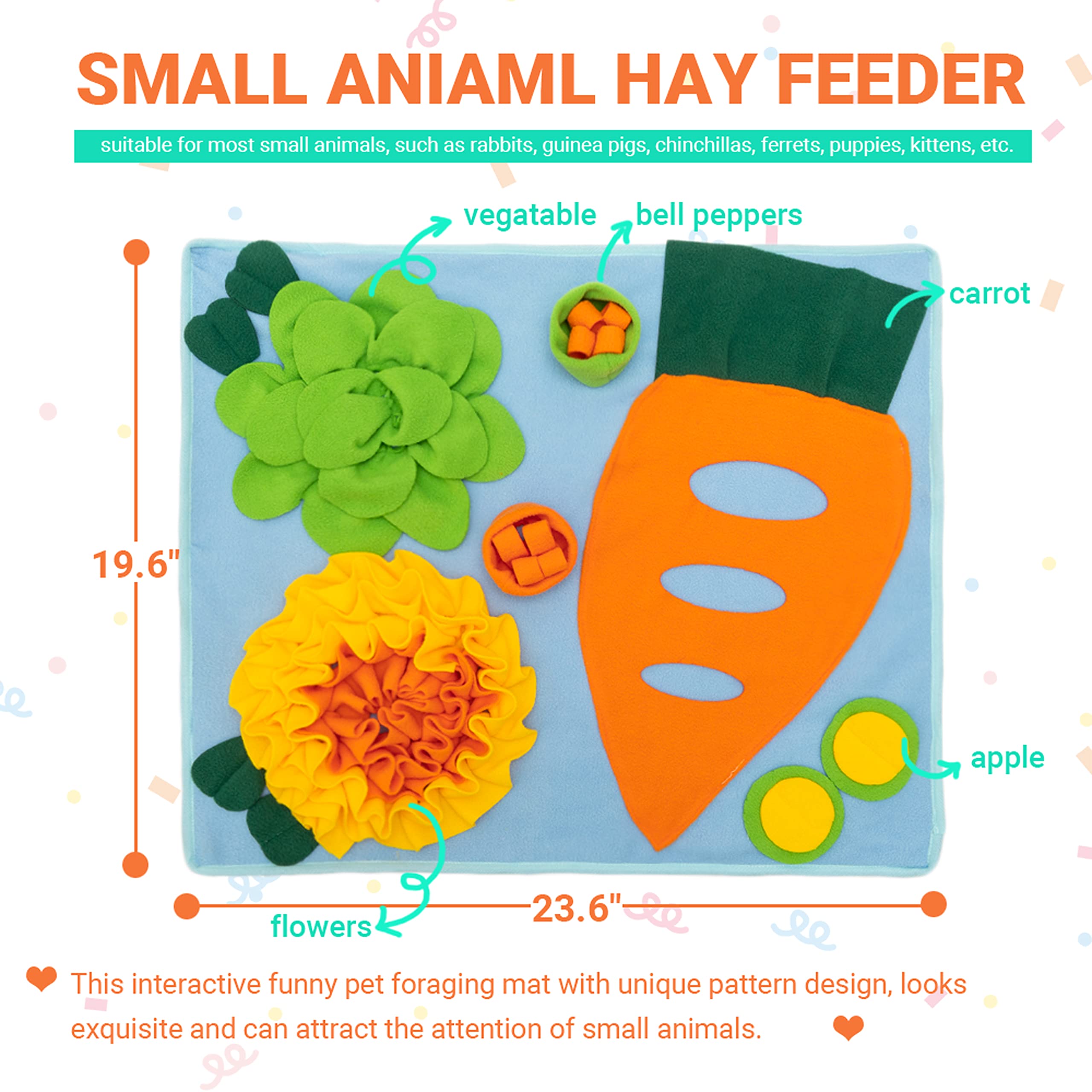 ORZECHKO Rabbit Hay Feeder - Interactive Fleece Foraging Mat Toy, 19.6"x23.6", Multi-colored, Machine Washable for Small Pets
