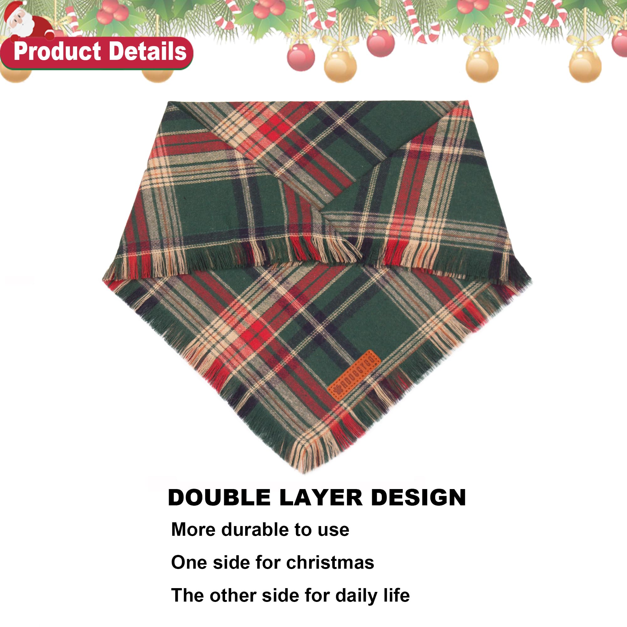 Adoggygo Christmas Dog Bandanas With Tassels Edges, Stylish Plaid Dog Christmas Scarf Bib, Multiple Sizes Offered, Plaid Bandanas For Large And Extra Large Dogs (Christmas-1, X-Large)