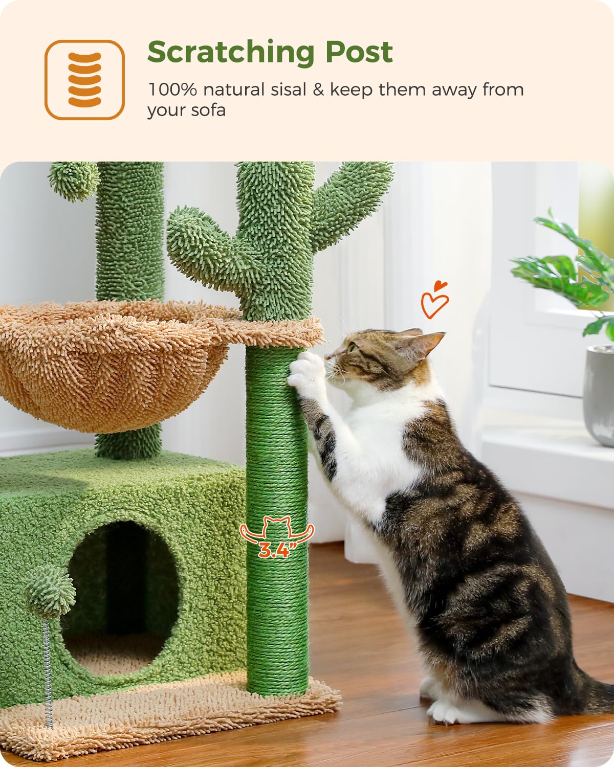 PEQULTI 4-in-1 Cactus Cat Tree, 33   Cat Tower for Indoor Cats with Large Condo, Cat Scratching Post for Cats with Deep Hammoc