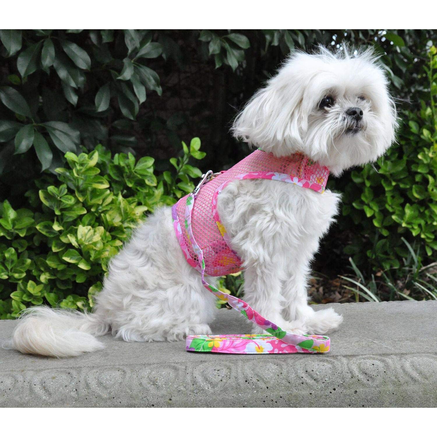 Cool Mesh Dog Harness - Dog Vest For Pets, Simple Step In And Go Design, Harness For Dogs With Leash, Pink Hawaiian Floral, Medi