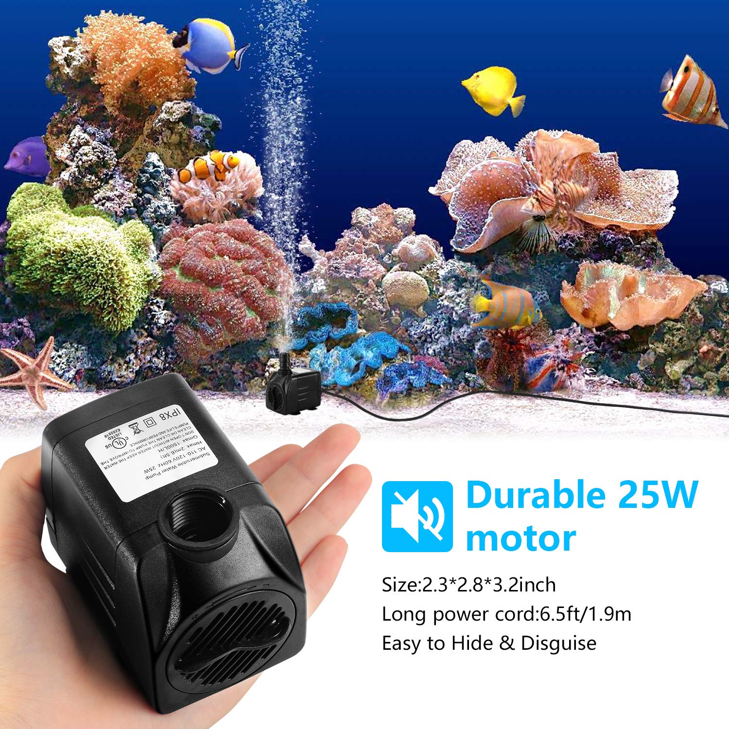 CWKJ Fountain Pump, 2 Packs 400GPH(25W 1500L/H) Submersible Water Pump, Durable Outdoor Fountain Water Pump with 6.5ft Tubing (I
