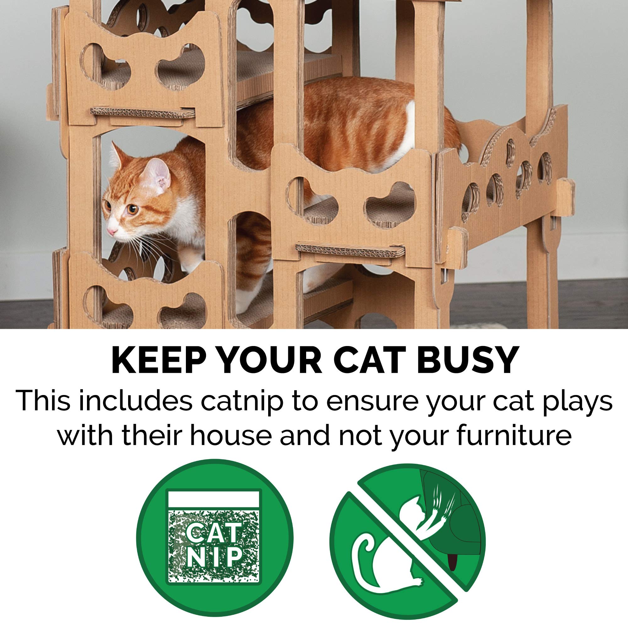 Furhaven Cardboard Cat House Tower Playground, Multi-Level Cat Tree Hideout Scratcher With Catnip