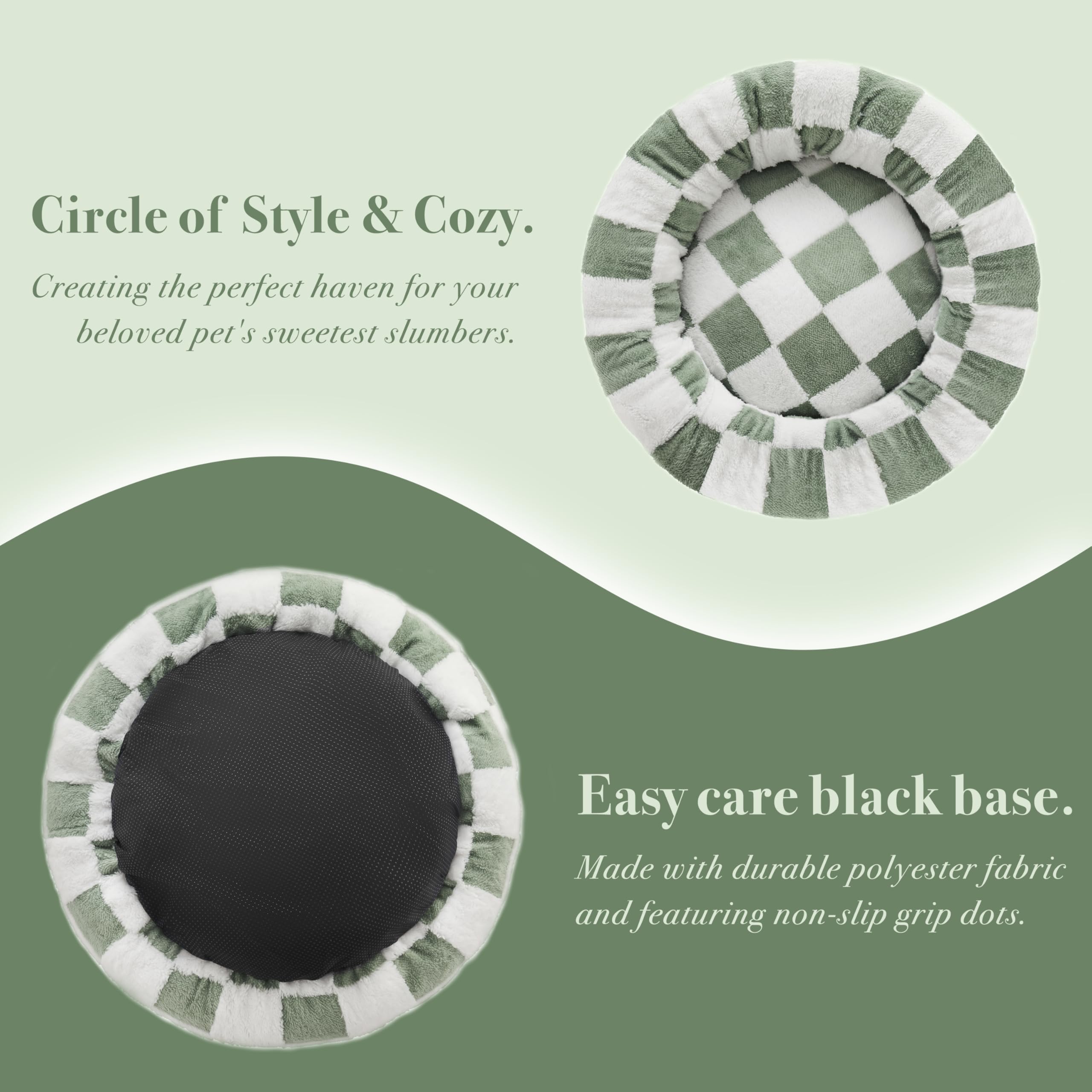 Ohocut Checkered Dog Bed, Cute Sage Green Retro Style Aesthetic Round Warming Pet Calming Beds For Small Dog And Cats, Plush Coz
