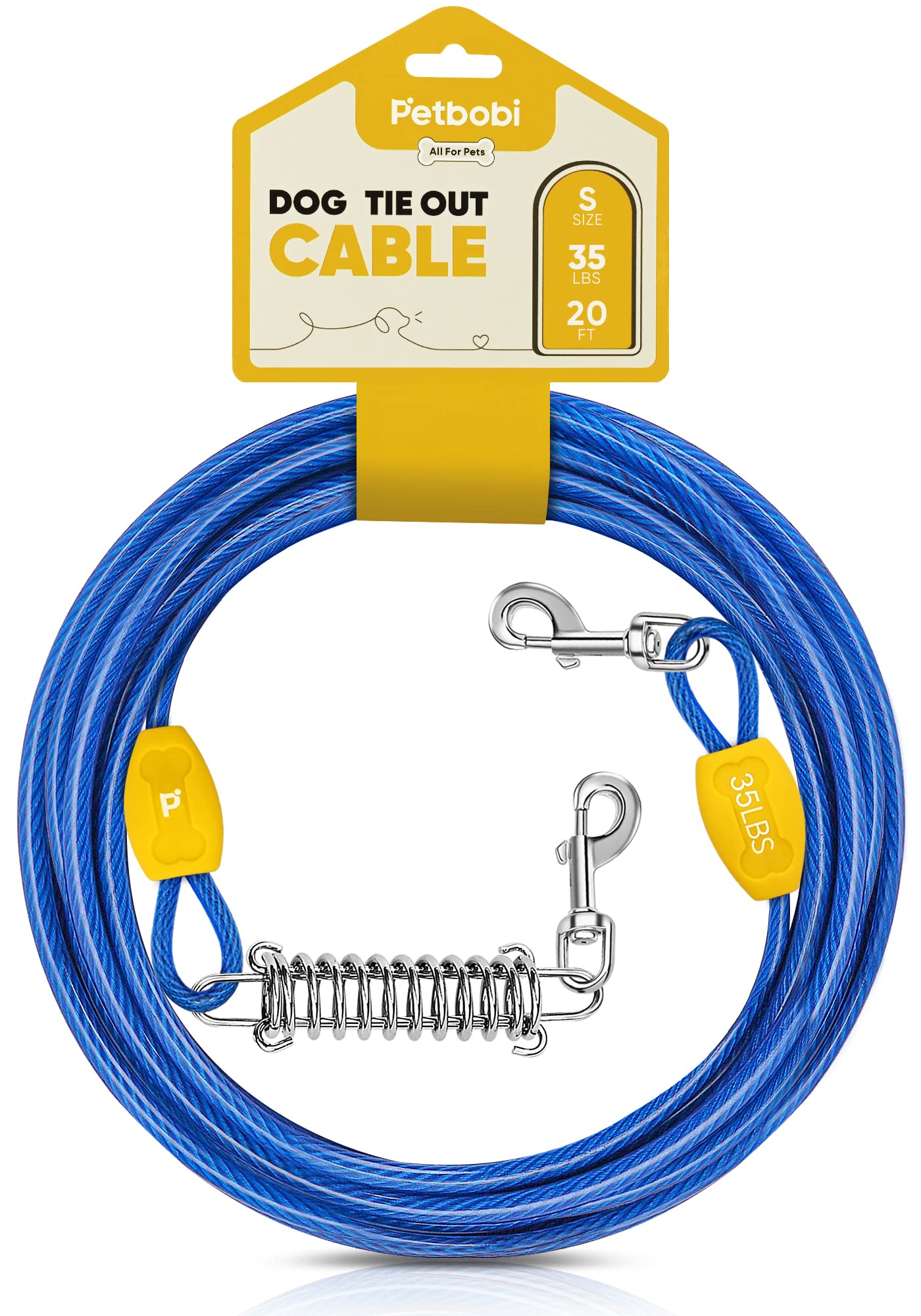 Petbobi 20Ft Tie Out Cable For Dog With Durable Spring And Metal Swivel Hooks For Outdoor, Yard And Camping, Rust- Proof Training Tether For Small Dogs Up To 35 Pounds, Blue