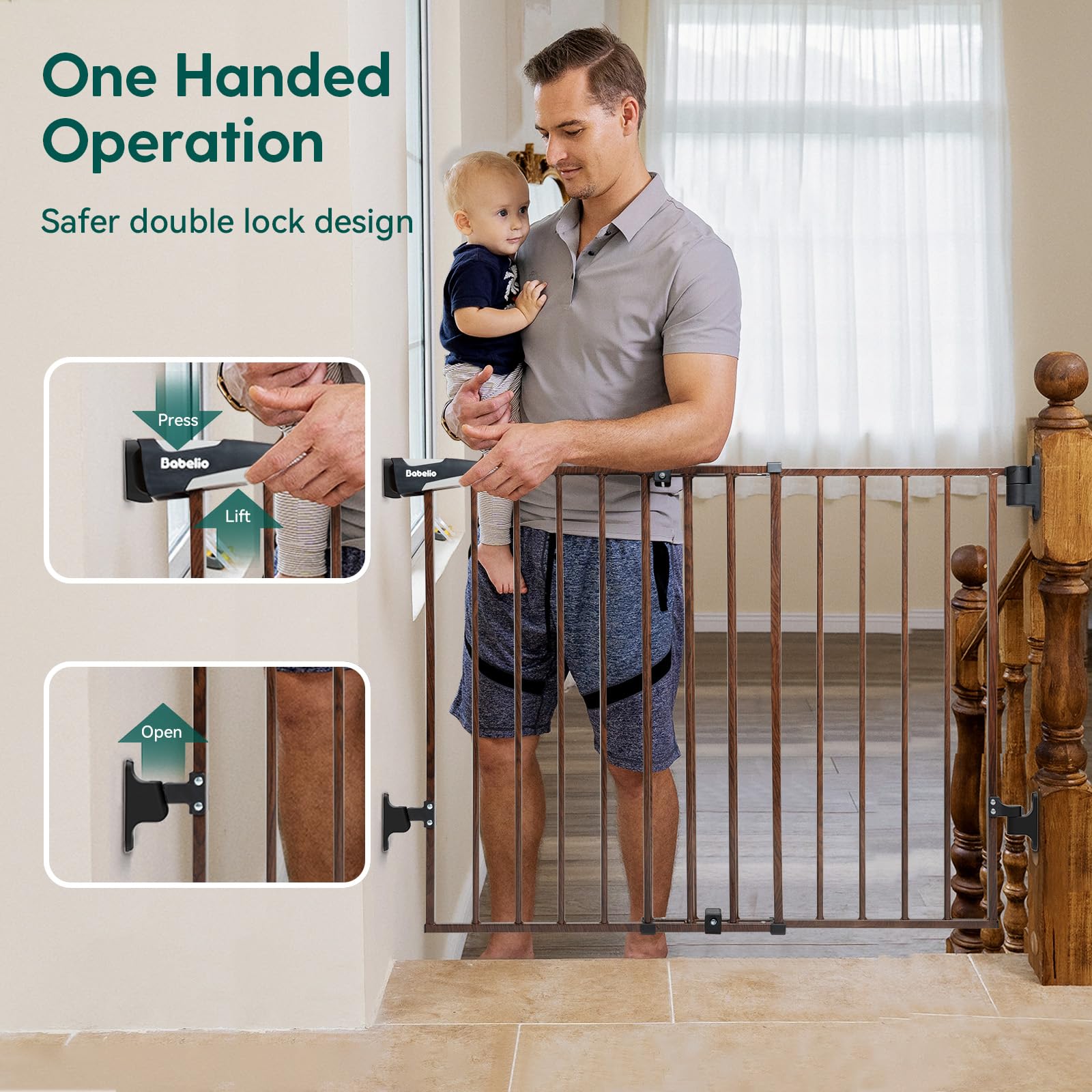 Babelio 34' Extra Tall Baby/Dog Gate With No Threshold Design Walk Thru Door, 26-43' Auto Close Safety Gate For Babies, Elders And Pets, Fits Doorways, Stairs, And Entryways, Black Wood Pattern