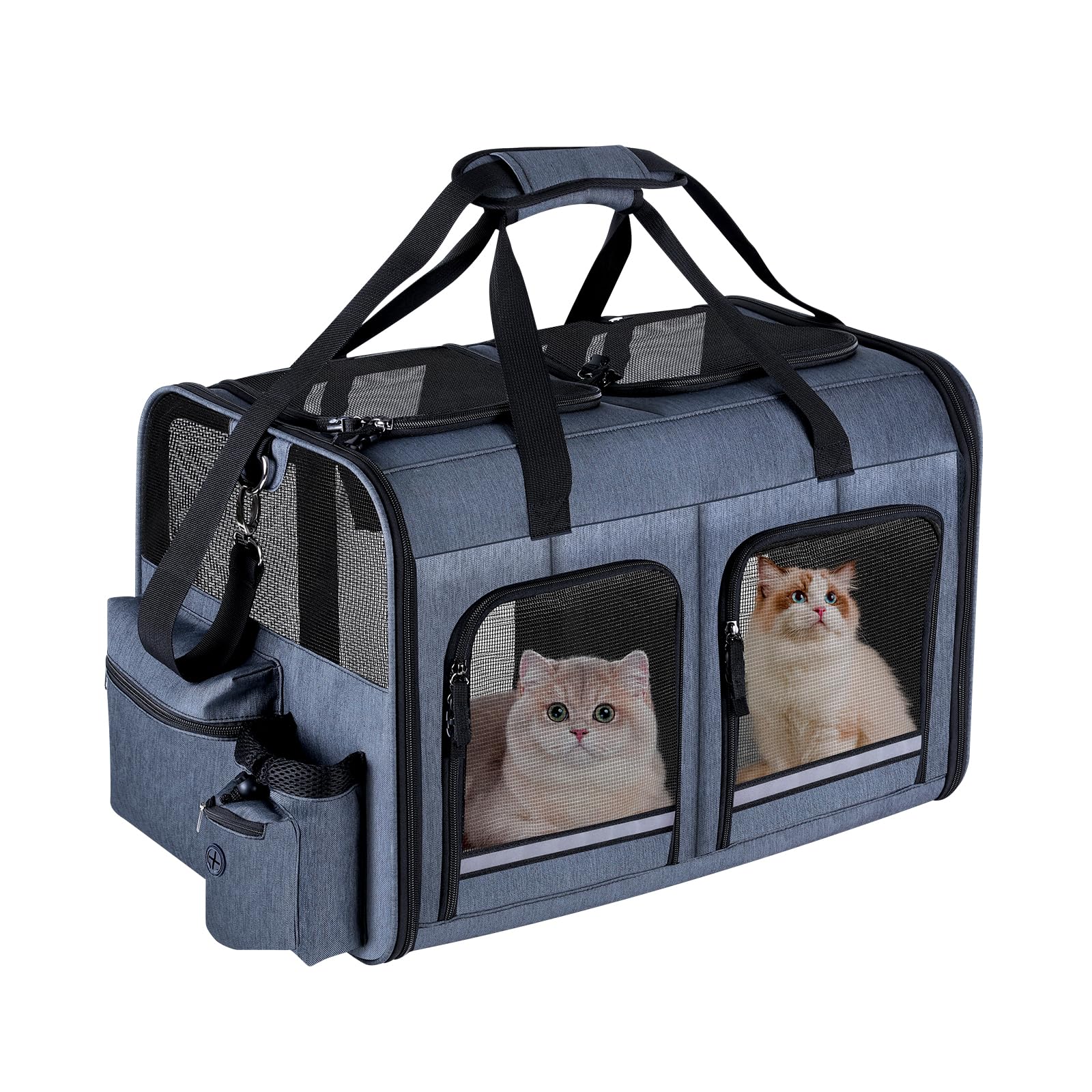 Groxkox Cat Carrier for 2 Cats, Foldable Double Cat and Dog Carrier, Small to Medium Size, 2 Front Zippered Compartments,Two Pet
