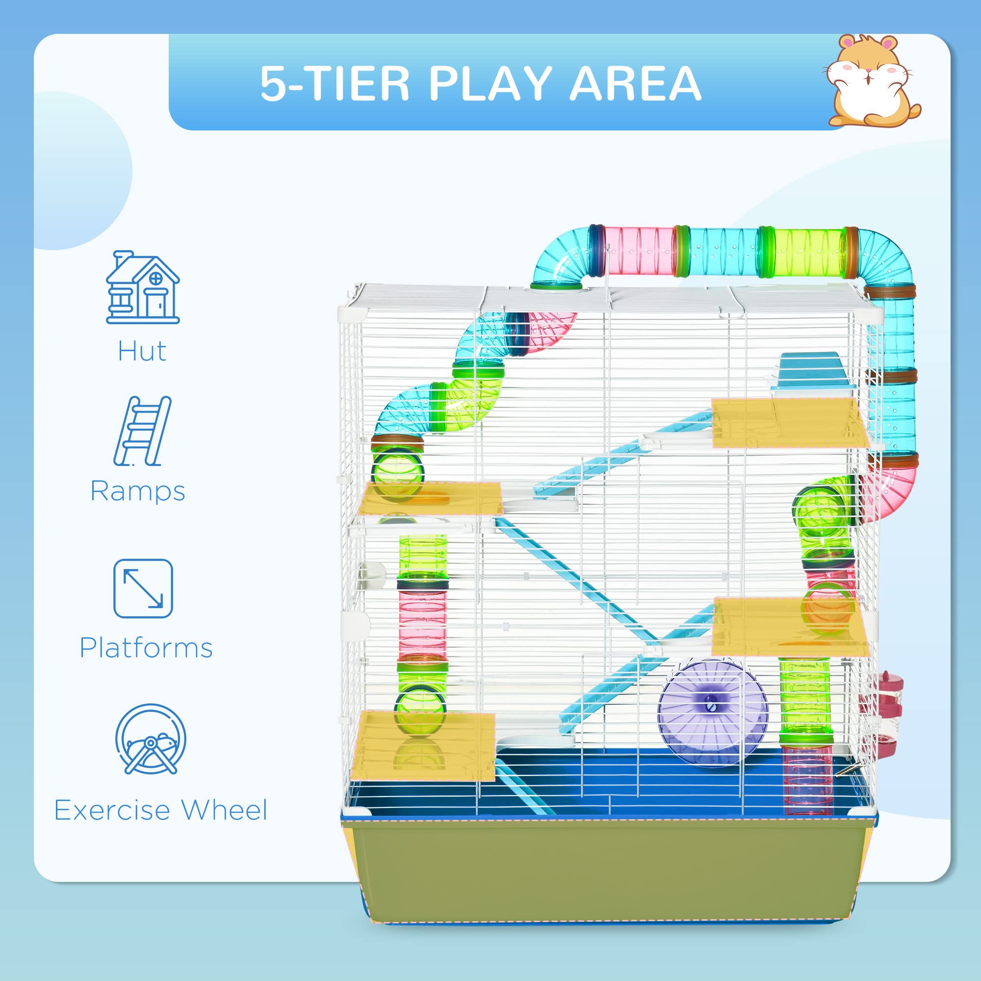 PawHut Extra Large 23 Hamster Cage with Tubes and Tunnels, Portable Carry Handles, Rat House and Habitats Big 5-Tier Design, Mou