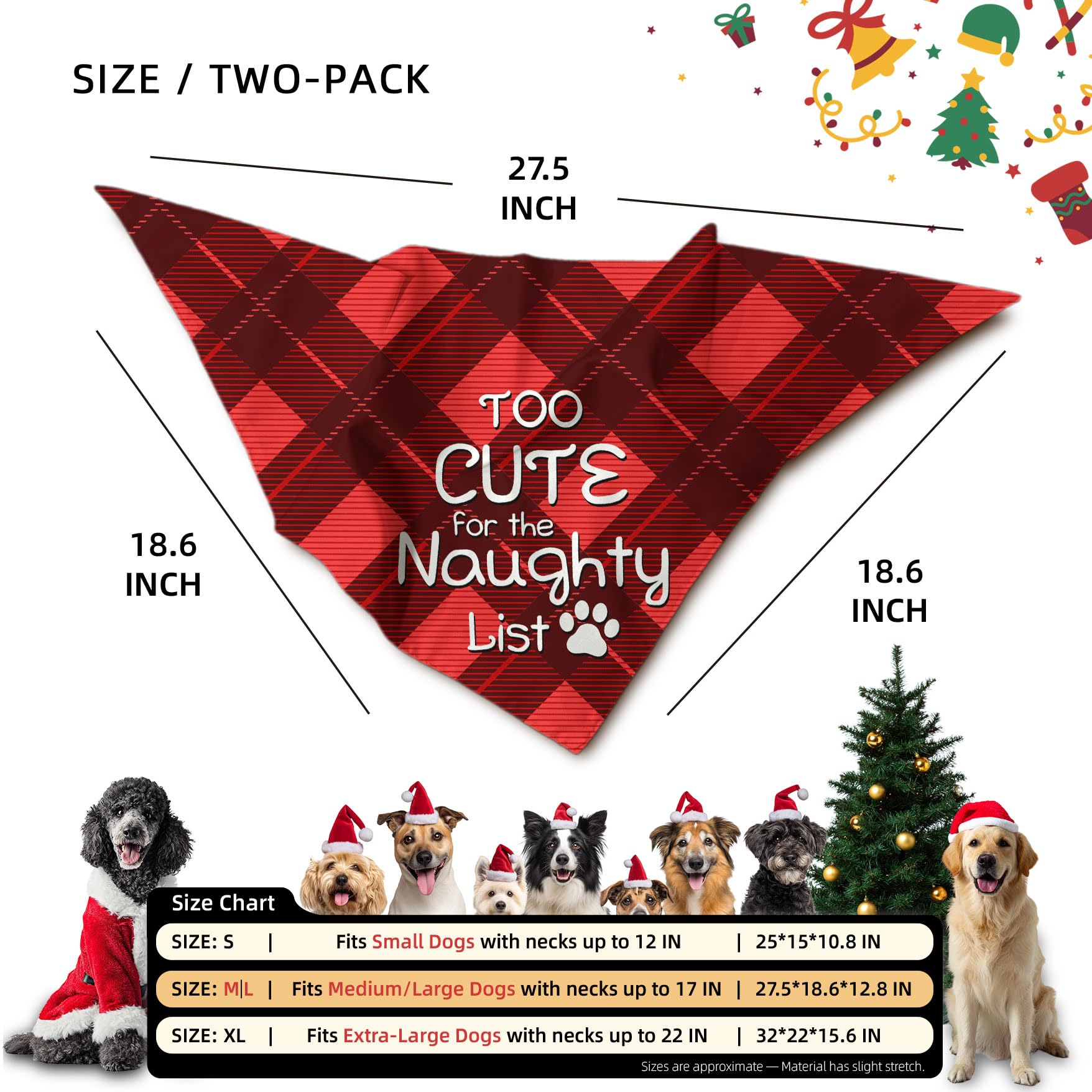 Earus Christmas Dog Bandanas Funny, Dog Christmas Scarf 2 Packs, Pets Festive Plaid D  cor for Medium Large Dogs