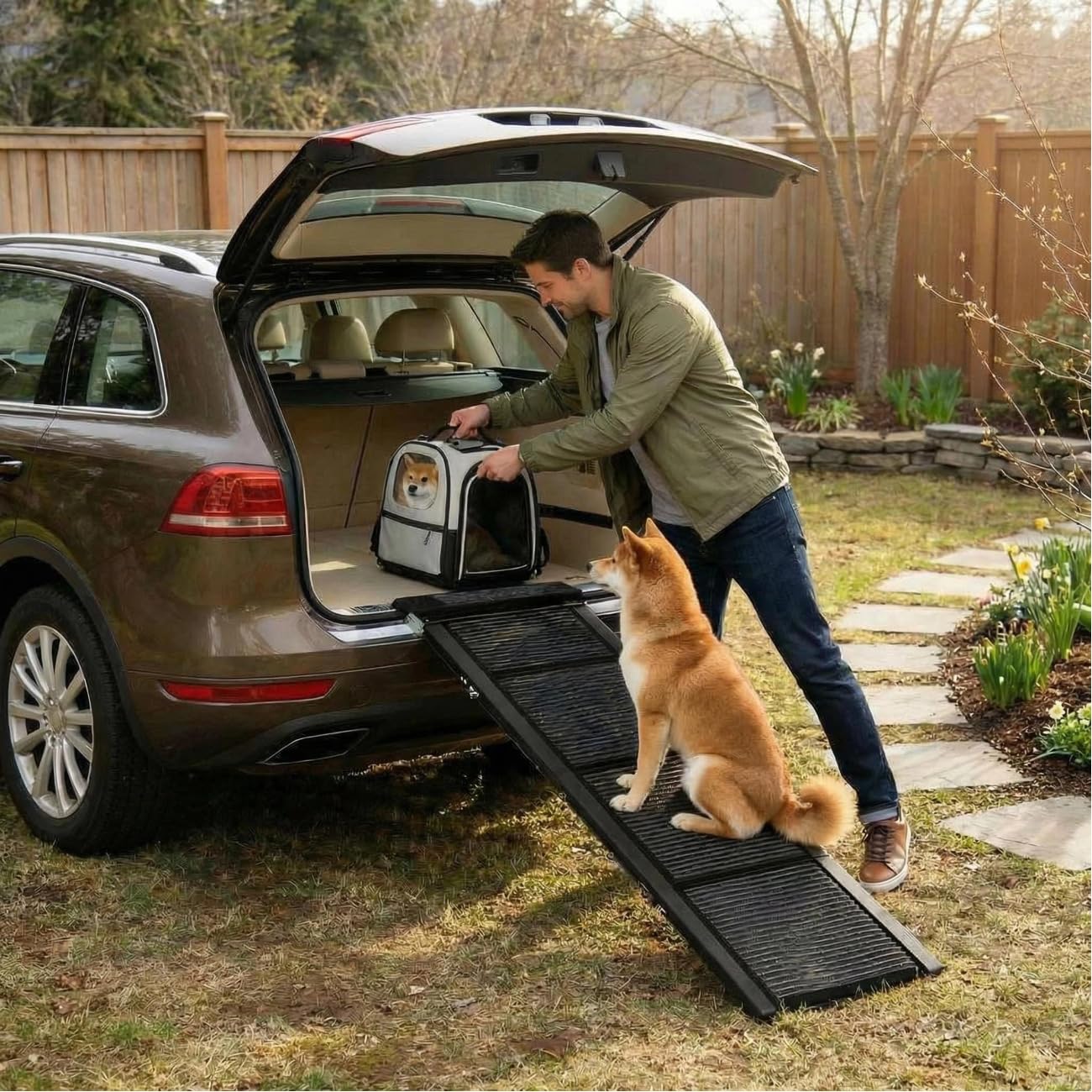 Garvee 71 Long Folding Dog Ramp for Car, 20 Extra Wide Heavy Duty Non-Slip Portable Pet Ramp, Large Dogs Up to 250 lbs, Outdoor 