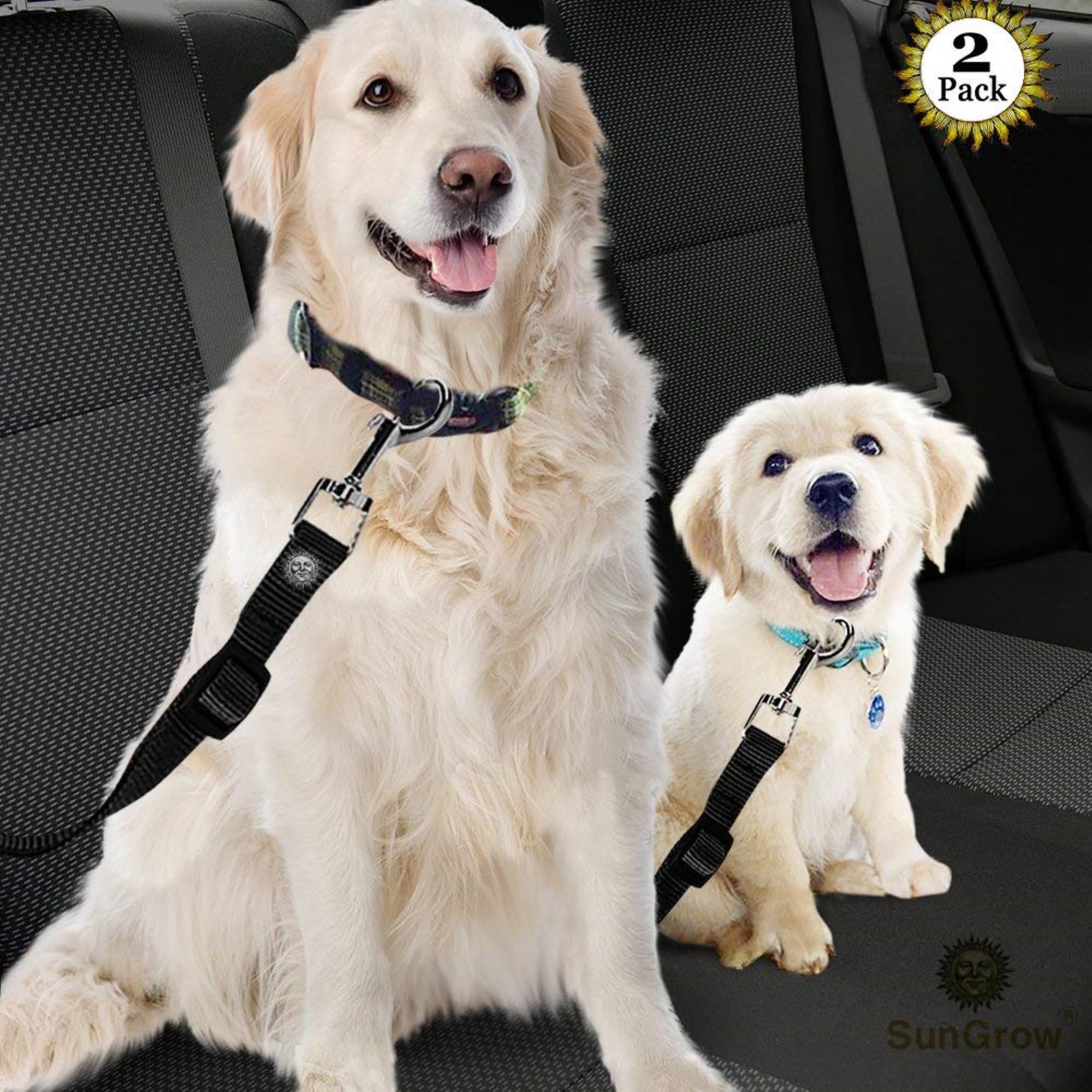 SunGrow Adjustable Nylon Dog Seat Belt for Car - Black, Supports All Cars, Safe Travel Harness for Dogs, Cats & Ferrets