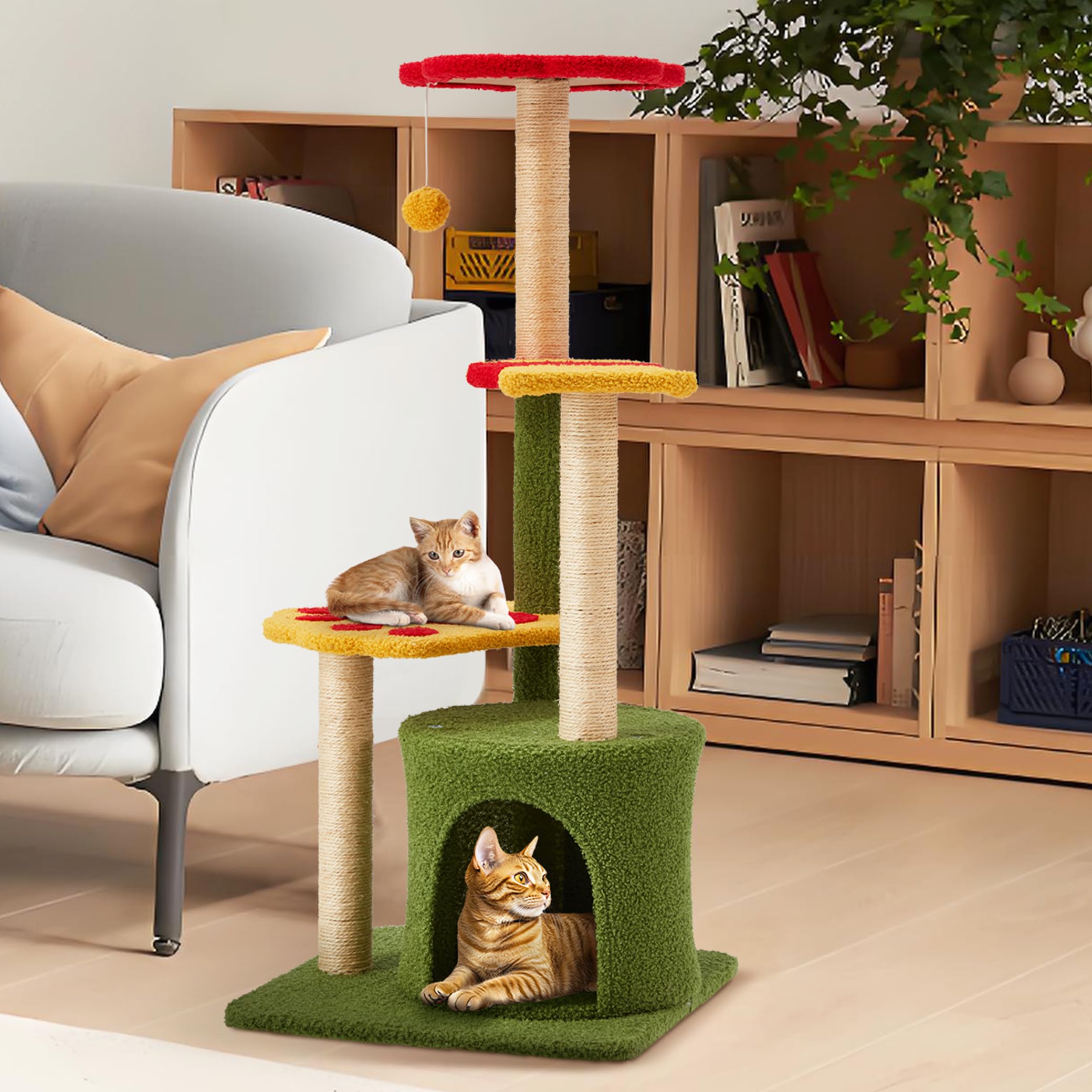 Flower Cat Tree 37In Cute Cat Tree Tower For Indoor Cats With 3 Sisal Covered Scratching Posts, Cozy Tower Condo, Padded Top Per