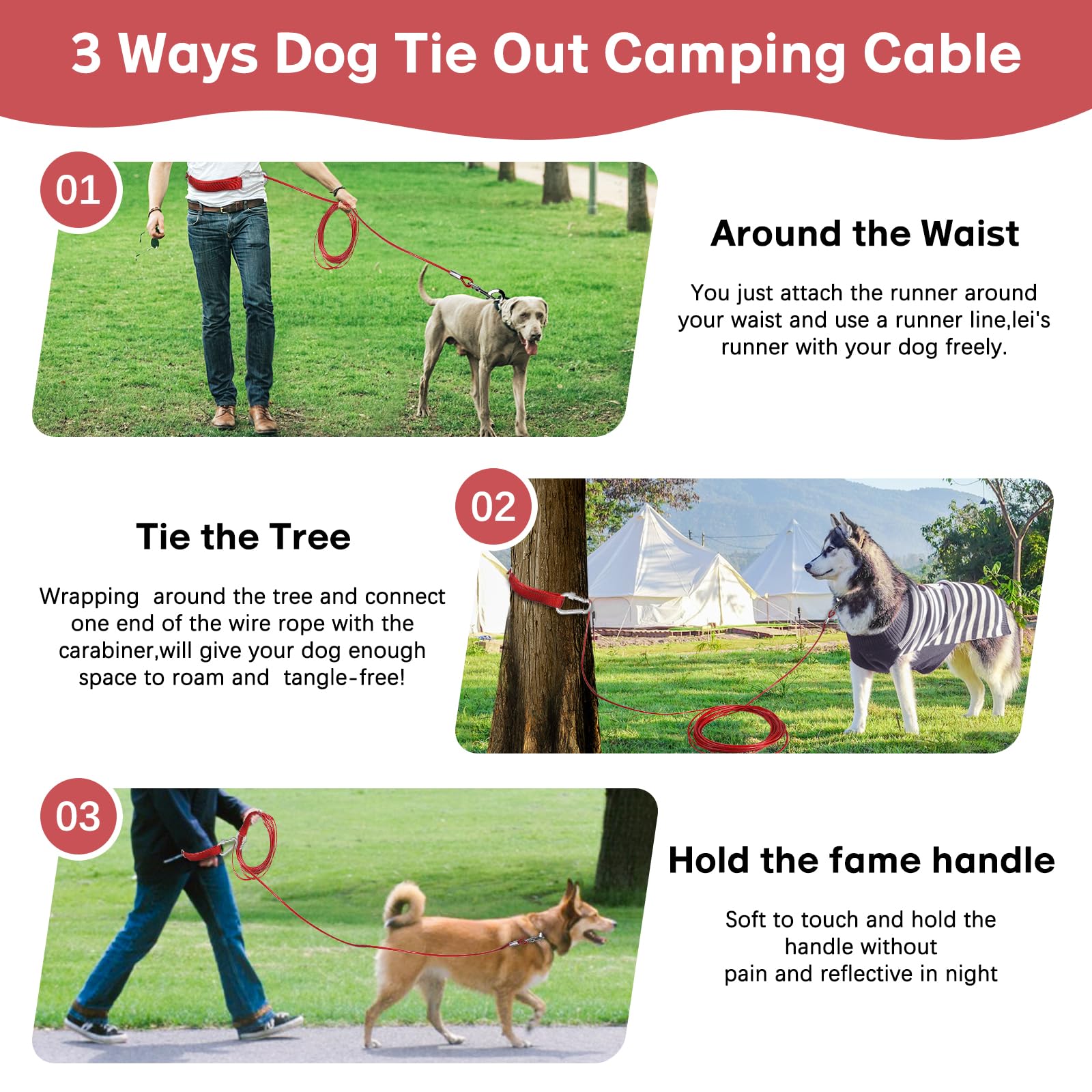 Long Dog Leash Chew Proof, Tie Out Cable For Dogs Heavy Duty 10/20/30/50 Ft With Carabiner, Dog Leads For Yard For Medium Large Dogs, Dog Long Leashes With Padded Handle
