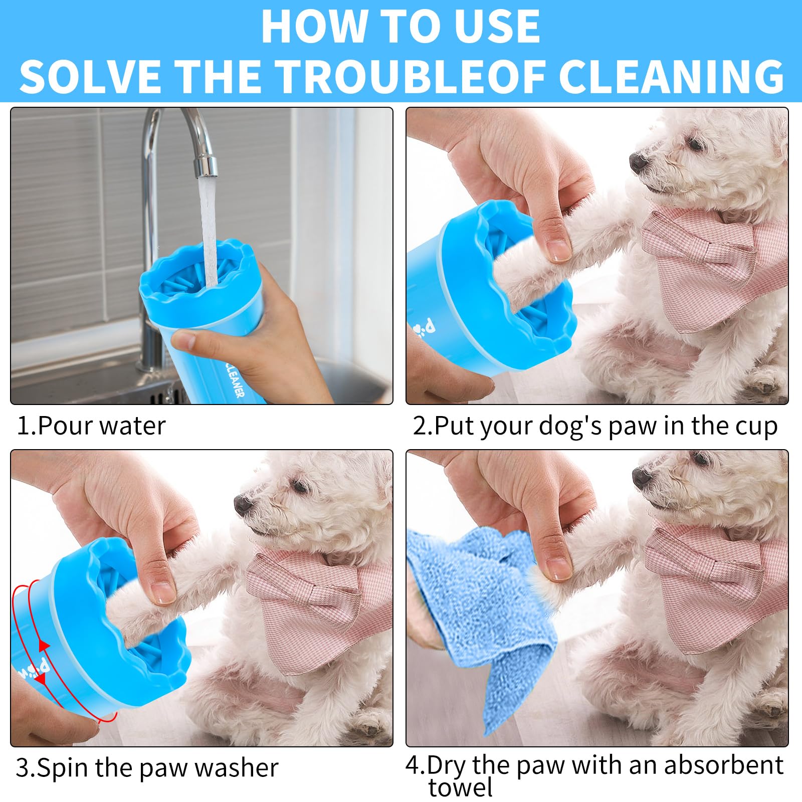 Comotech Dog Paw Cleaner, Portable Dog Paw Washer Pet Cleaning Silicone Brush With 3 Absorbent Towel, Pet Foot Cleaner For Small Breed Dogs(Blue)