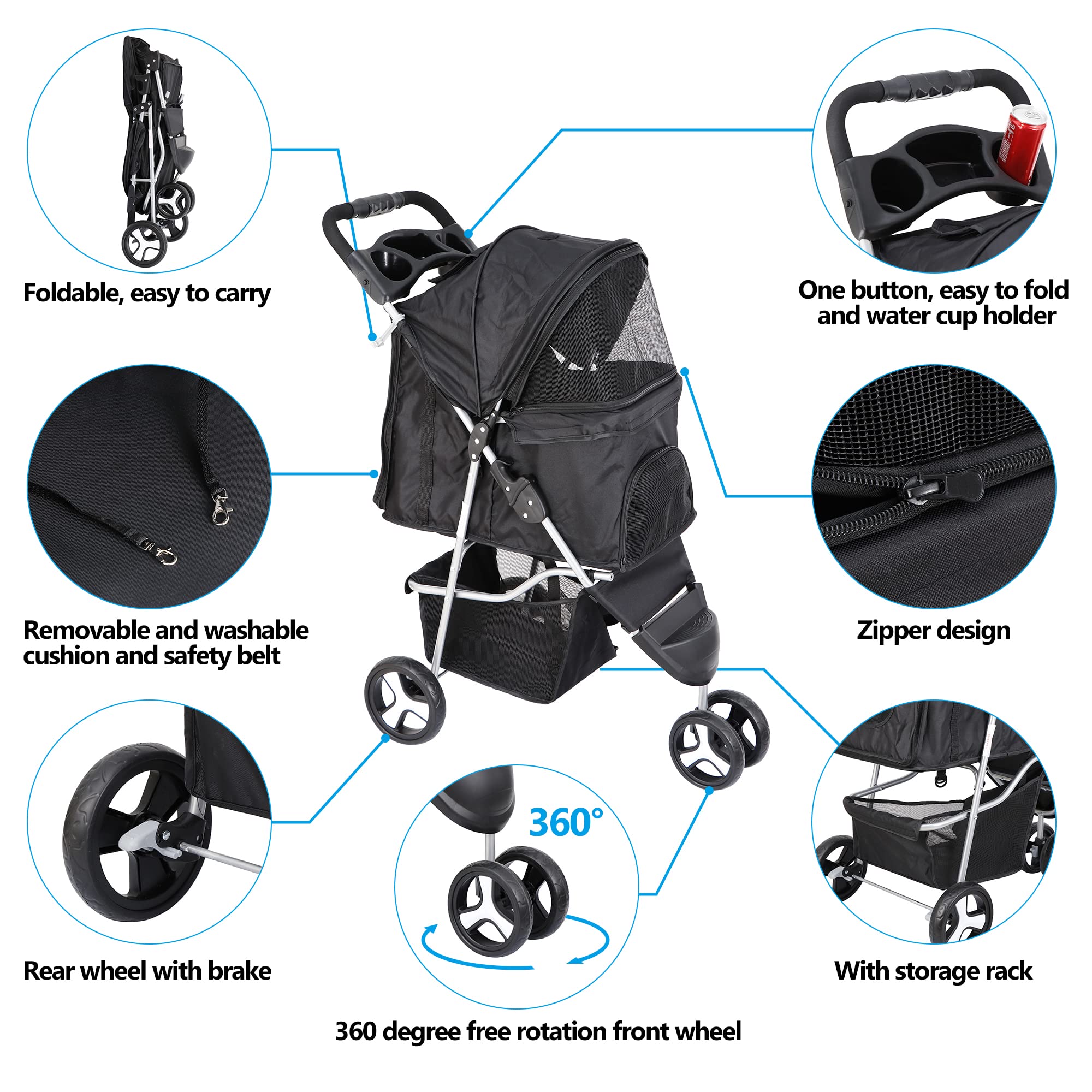 Lemy Foldable Pet Puppies Stroller For Cats And Dogs, 3 Wheels Travel Pet Carrier W/Weather Cover, Storage Basket And Cup Holder
