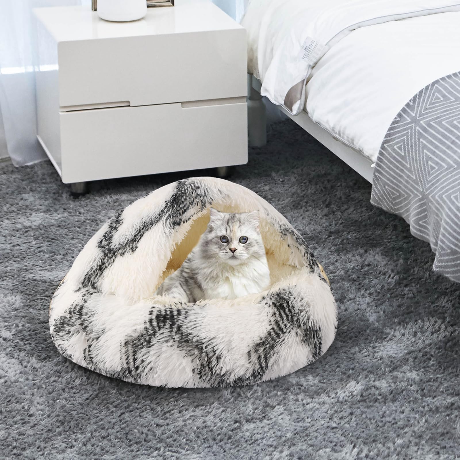 Kkbdoo Round Hooded Cat Bed & Dog Bed With Cover Cave, Dog Bed For Small Dogs, Faux Fur Cuddler Round Coved Cat Bed Self Warming
